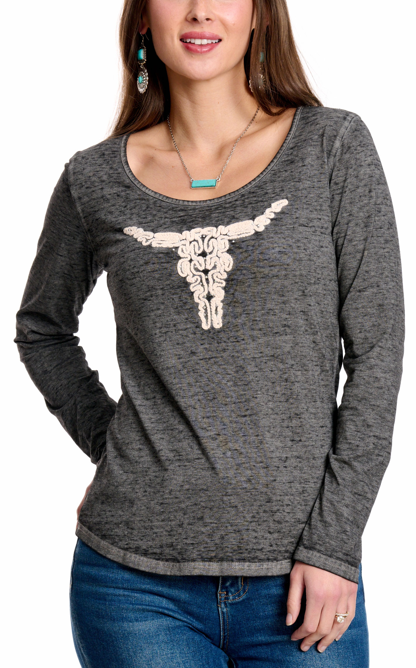 Cowgirl Hardware Women's Black Smoke & Cream Swirling Skull Top - Image 1