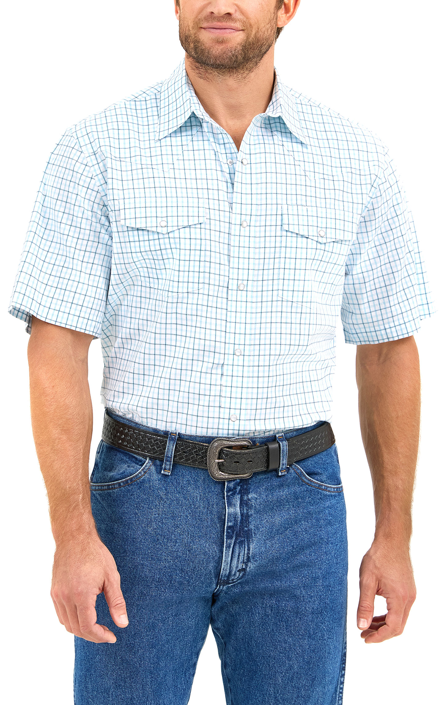 Wrangler Men's Classic Turquoise & Navy Plaid Western Shirt - Image 1