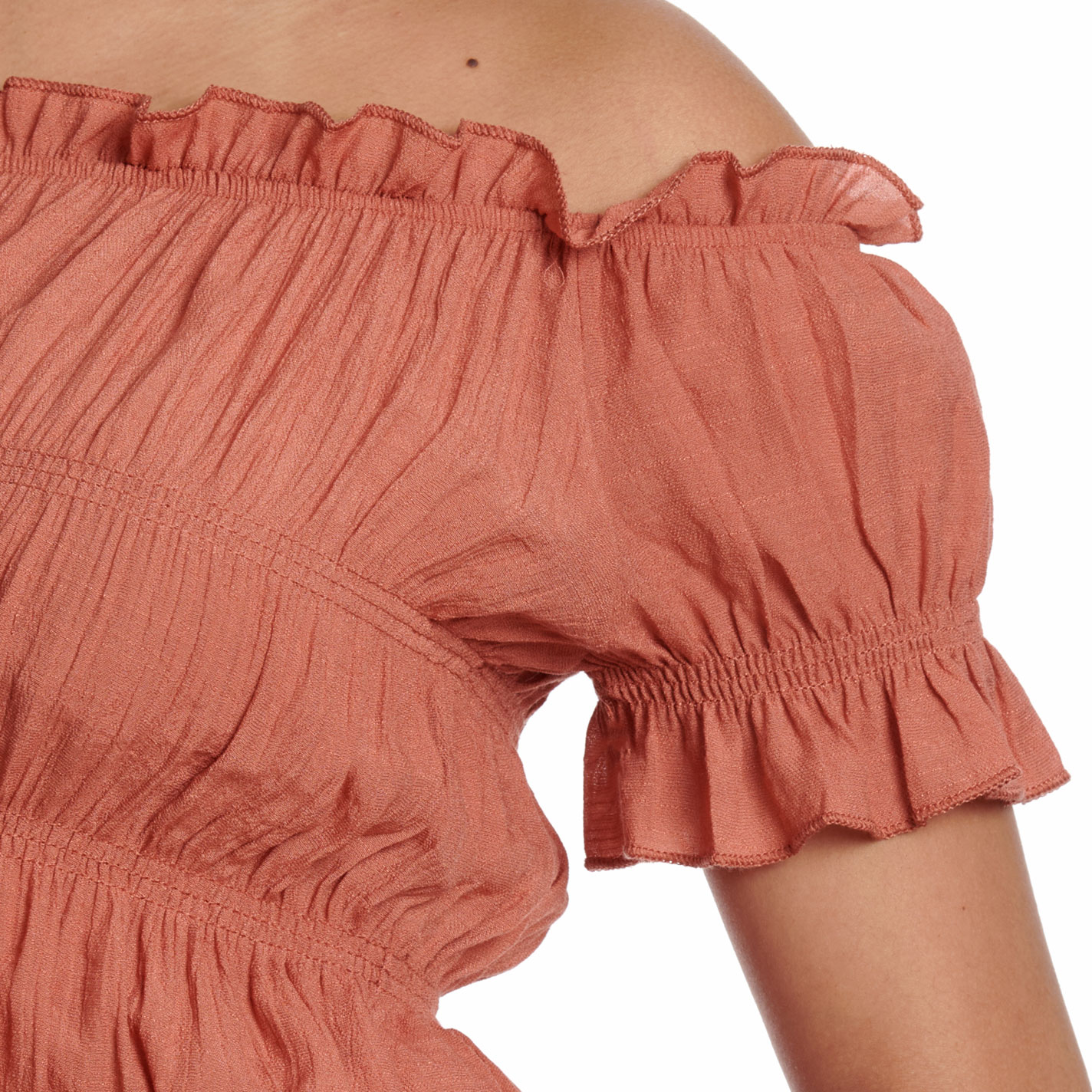 Fashion Express Women's Rust Off Shoulder Smocked Crop Top - Image 1