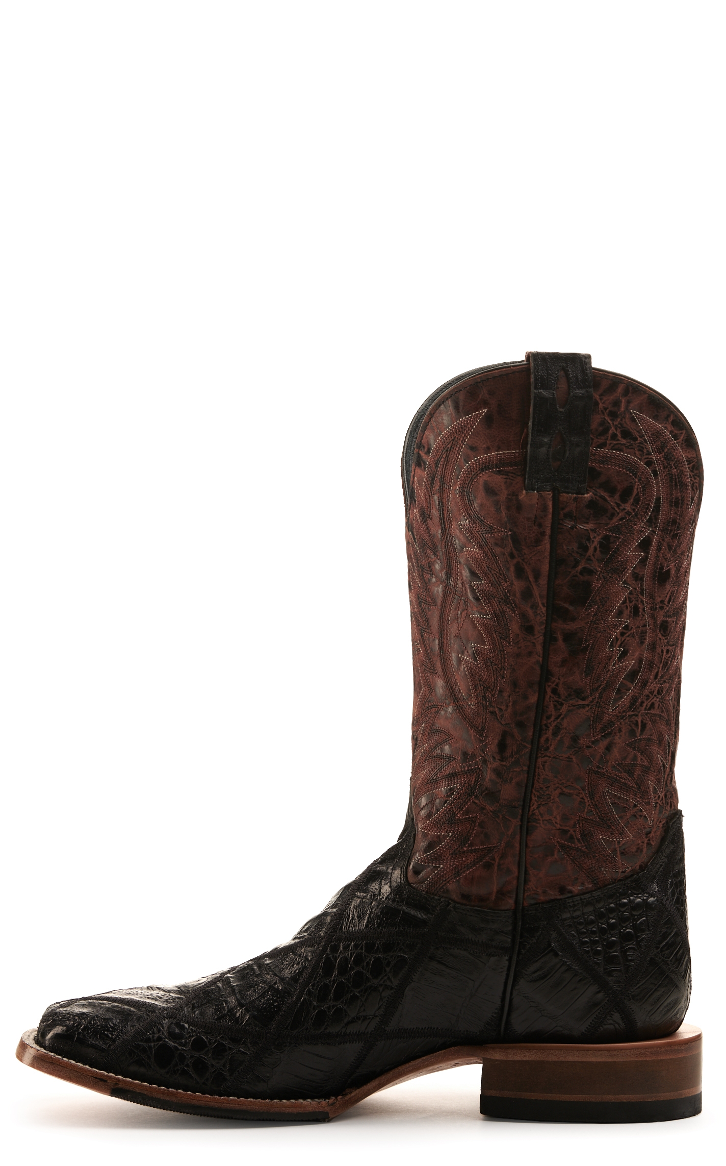 Cavender's Men's Black Caiman Patchwork and Wine Wide Square Toe Exotic Cowboy Boots - Image 1