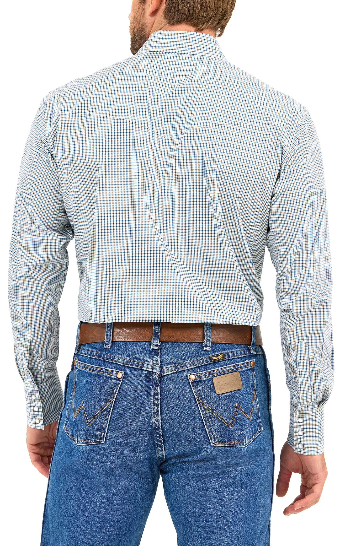 Wrangler Men's Blue & Latte Mini Plaid Print Western Shirt - Image 1