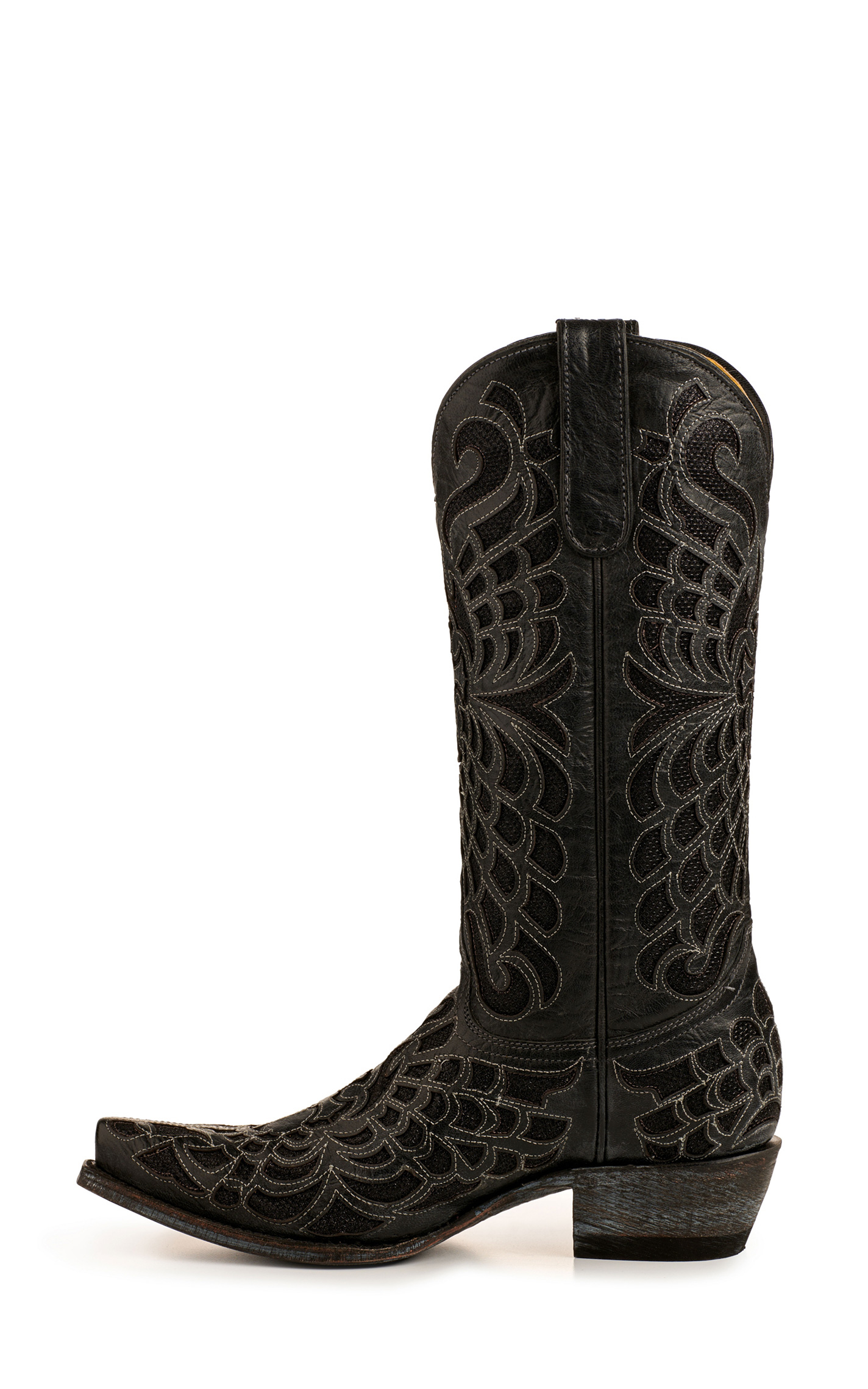 Cavender’s Women’s Leather Black with Black Cross Sparkle Inlay Snip Toe Cowboy Boots  - Image 1