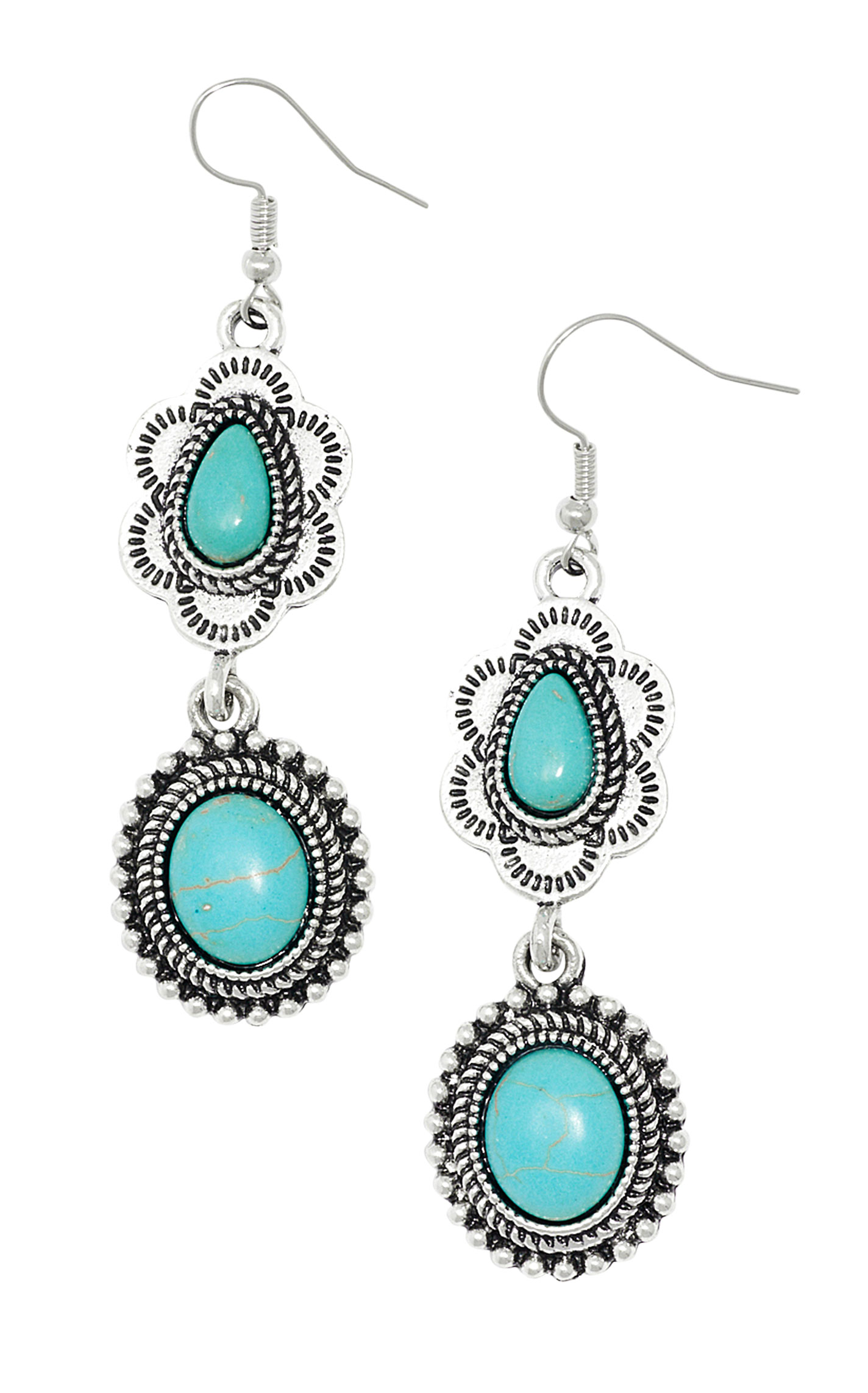 Southern Grace Silver & Turquoise Two Stone Dangle Earrings - Image 1