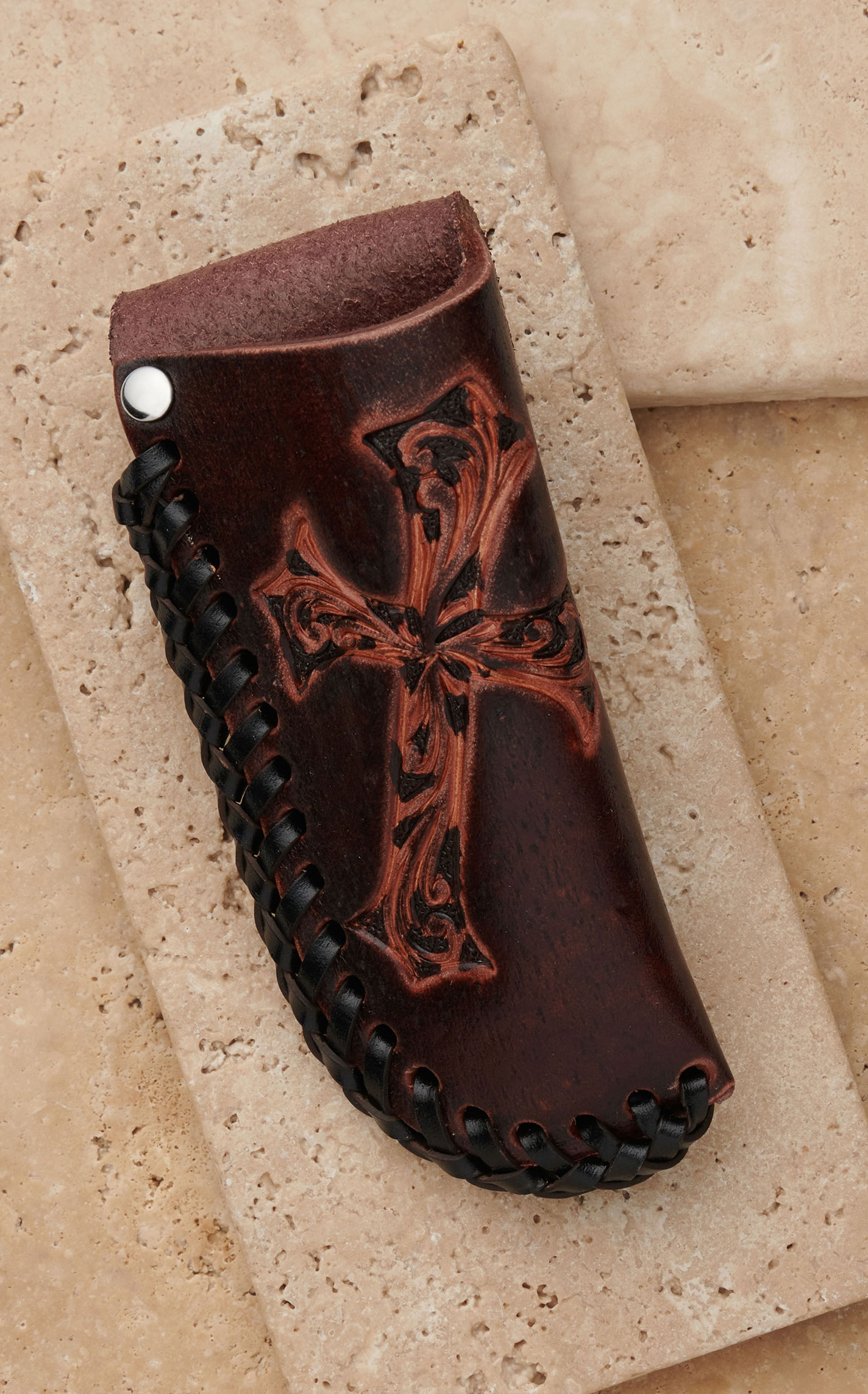 Nocona Black with Tooled Brown Cross Leather Knife Sheath - Image 1