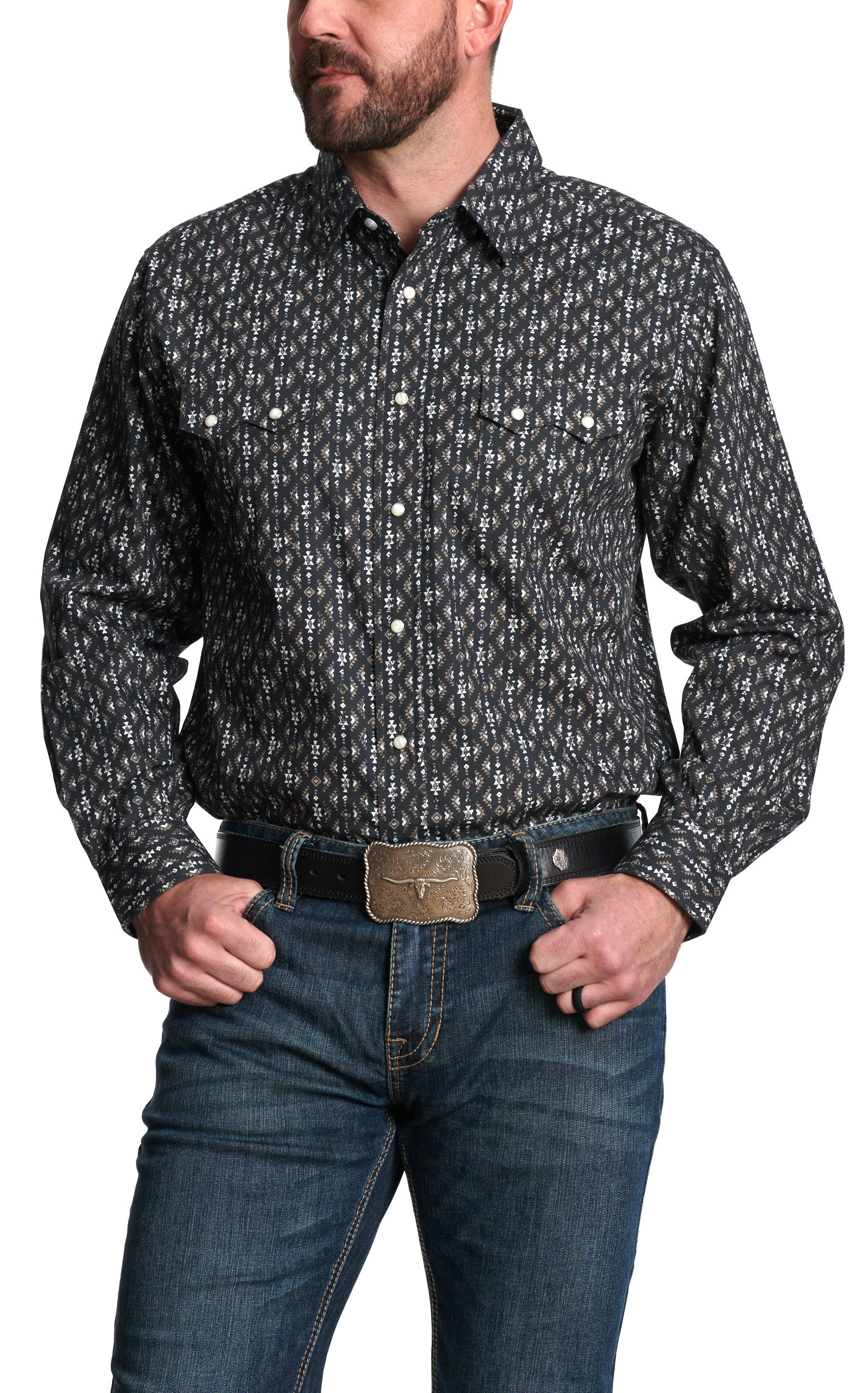 Panhandle Men's Black and Gray Aztec Western Shirt - Image 1