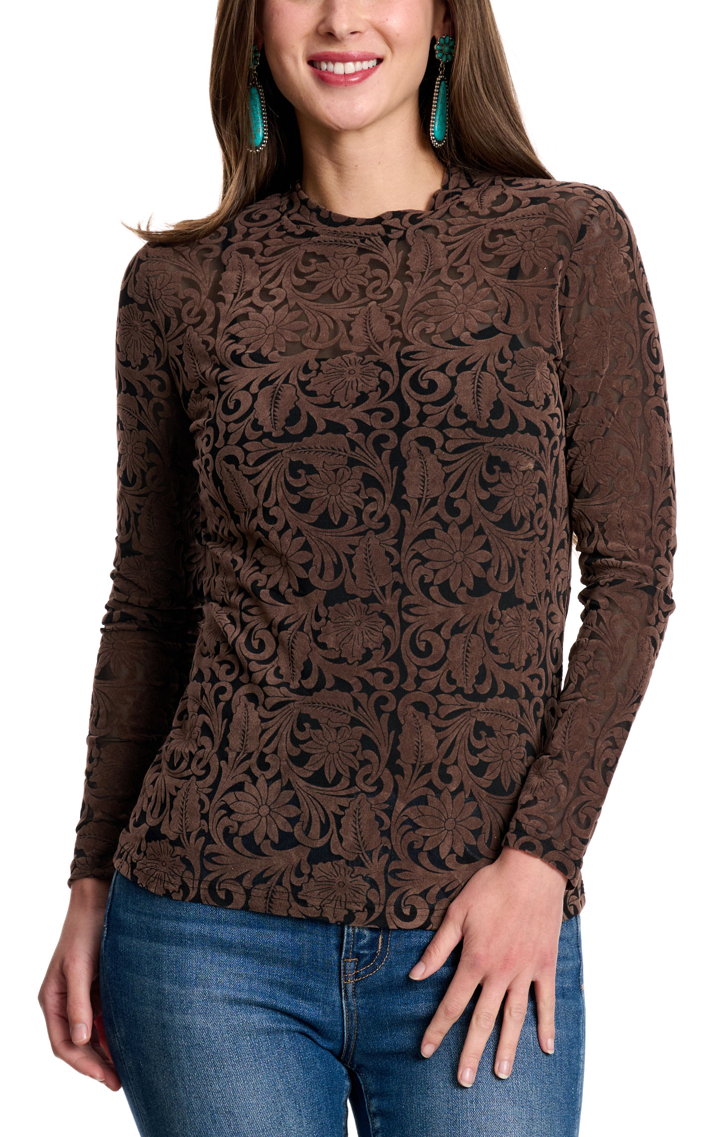 Marigold Kiss Women's Mahogany Floral Mesh Top - Image 3