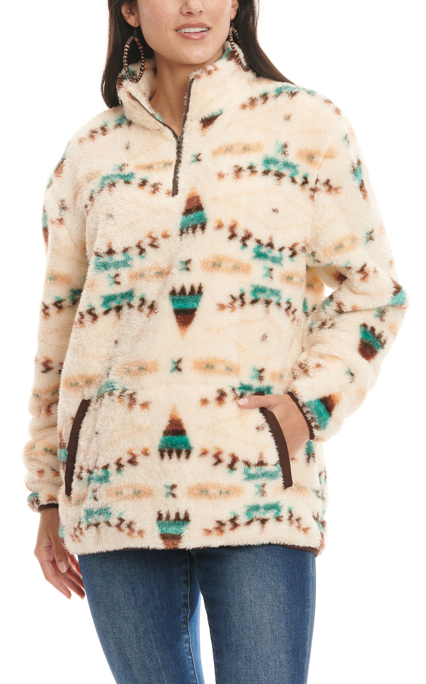 Rockin C Women's Cream Chocolate & Teal Aztec Print 1/4 Zip Fuzzy Pile Fleece Long Sleeve Pullover - Image 1
