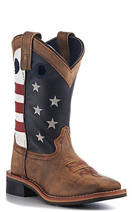 Smoky Mountain Kids Distressed Brown and USA Flag Square Toe Cowboy Boots - Image 1