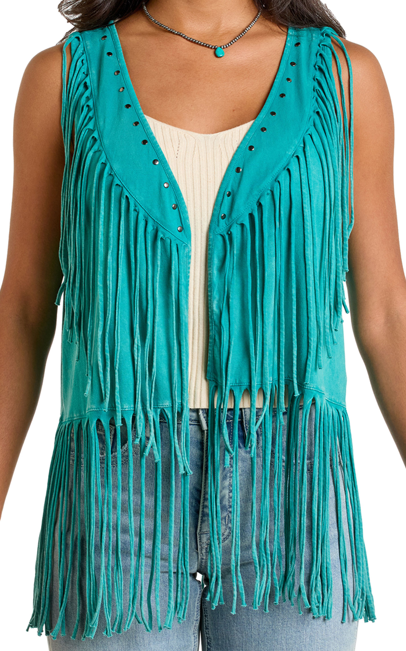 Panhandle Slim Women’s Turquoise Fringe Faux Suede Vest - Image 2