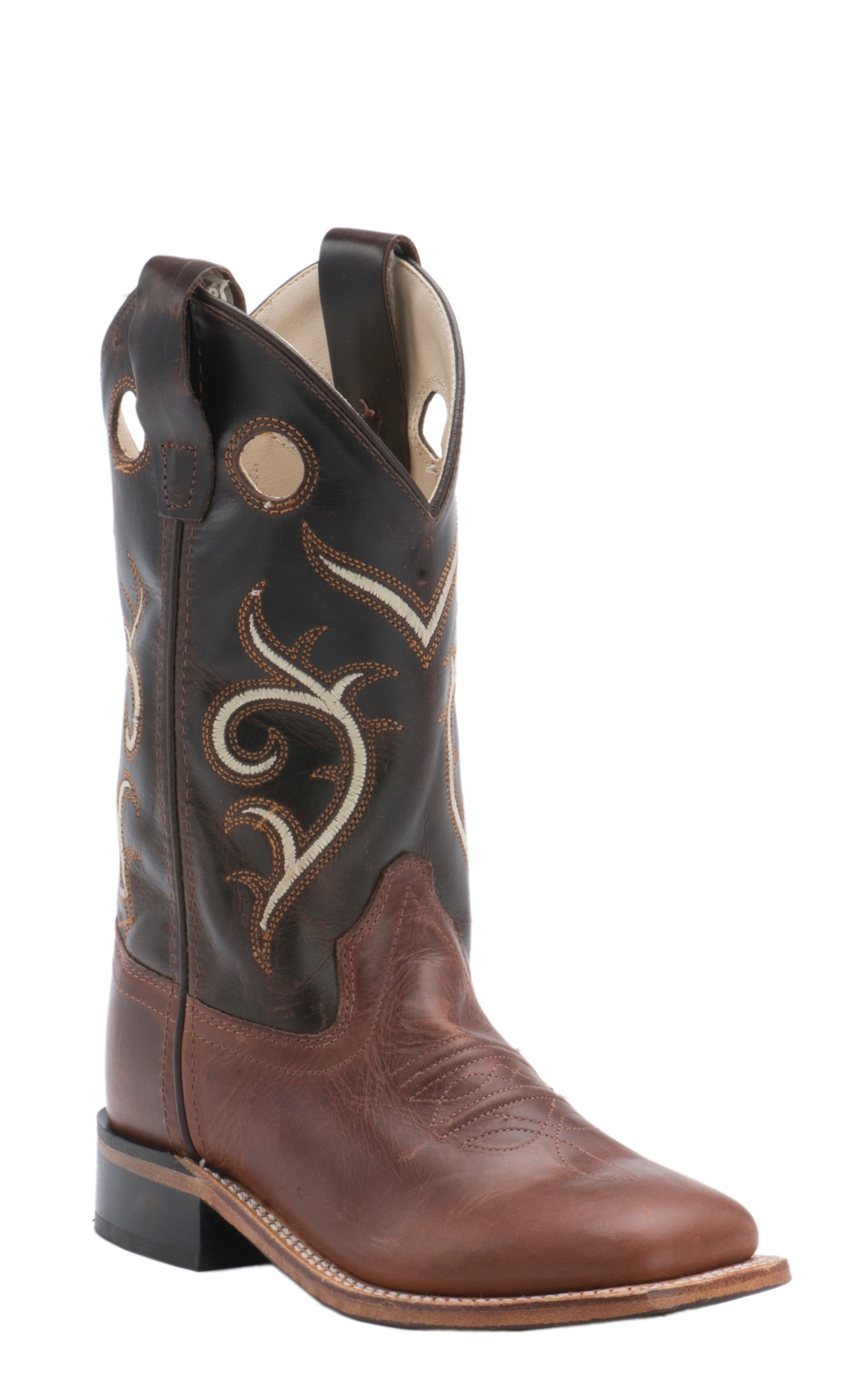 Old West Youth Brown and Dark Brown Corona Calf Leather Square Toe Cowboy Boots - Image 1