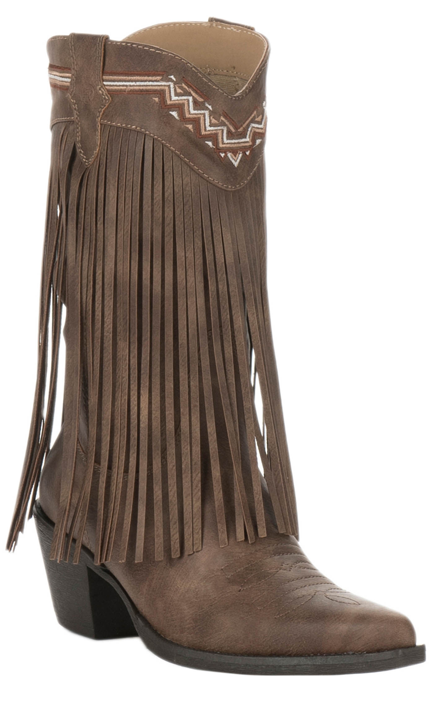 Roper Women's Brown with Fringe and Embroidery Snip Toe Cowboy Boots - Image 1