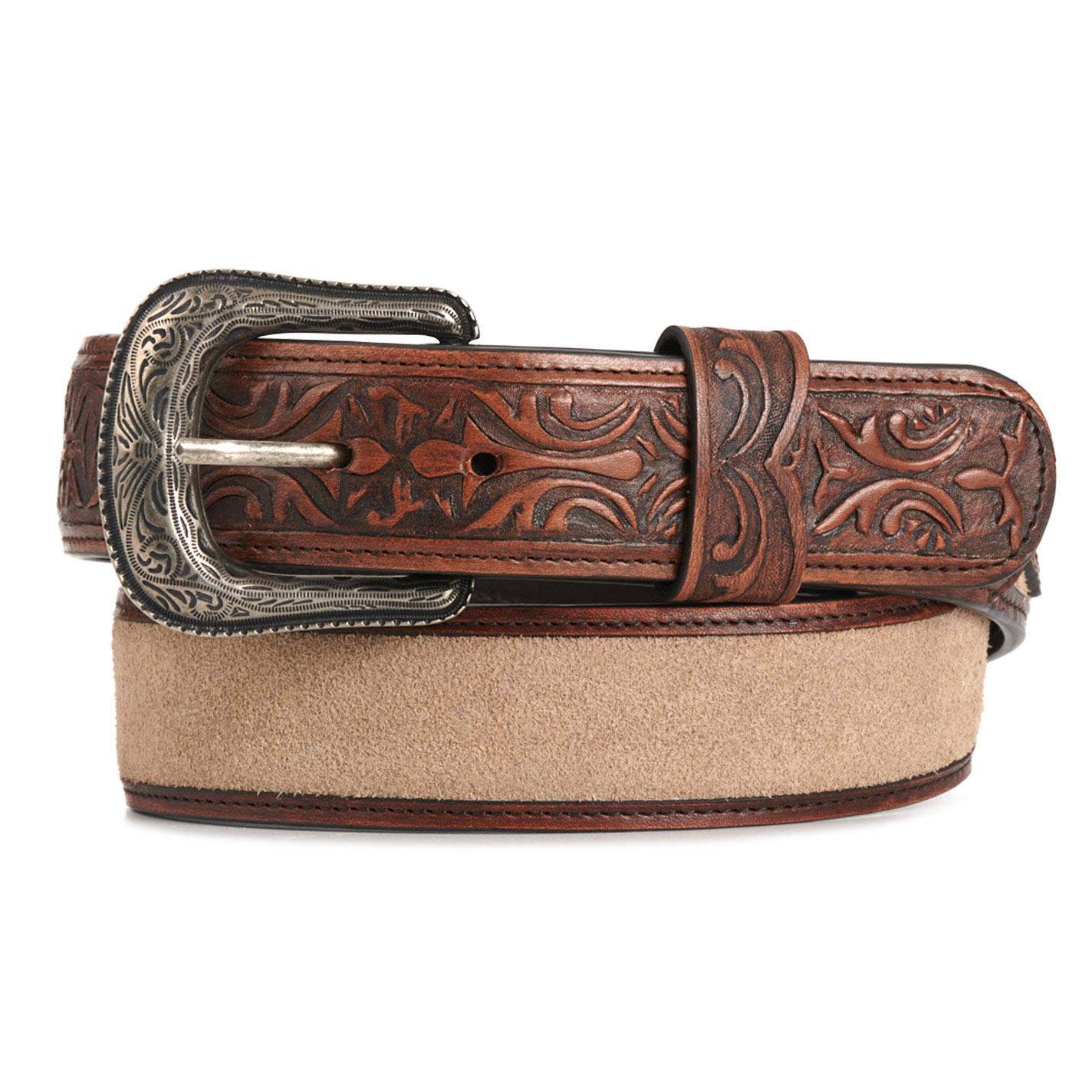Cavender's Men's Medium Brown Embossed Leather & Light Tan Suede Inlay Belt - Image 1