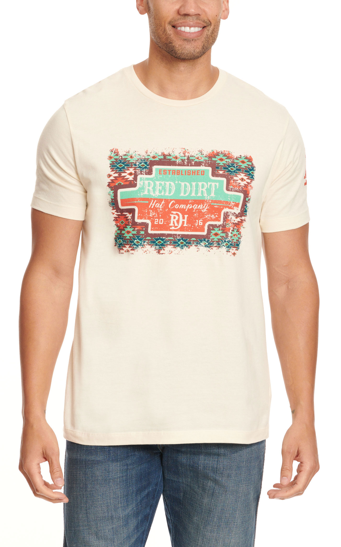 Red Dirt Hat Co. Men's Cream with Multi-Color Aztec Graphic T-Shirt - Image 1