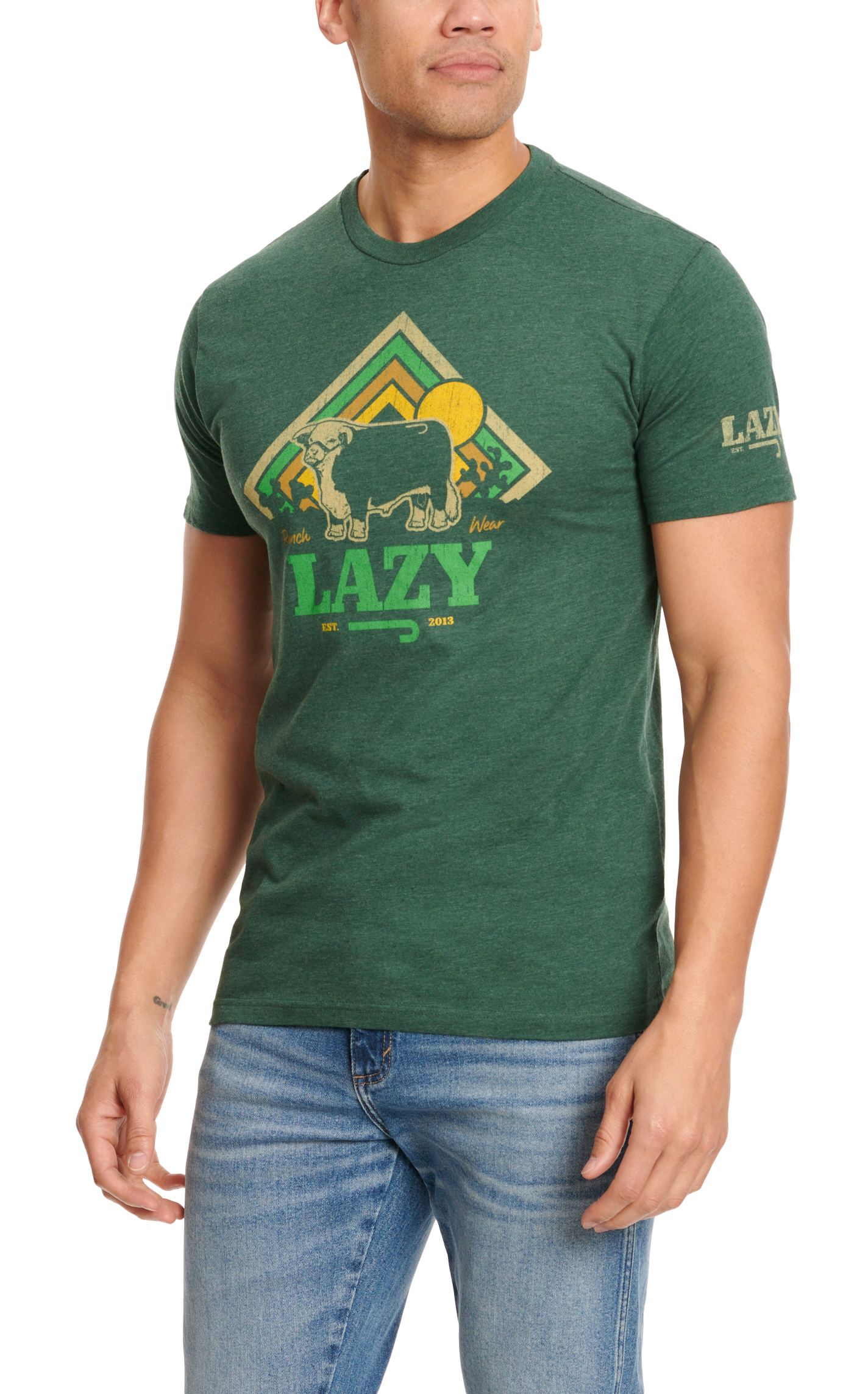 Lazy J Men's Dark Green Cactus Rise Bull Logo Graphic Short Sleeve T-Shirt - Image 1