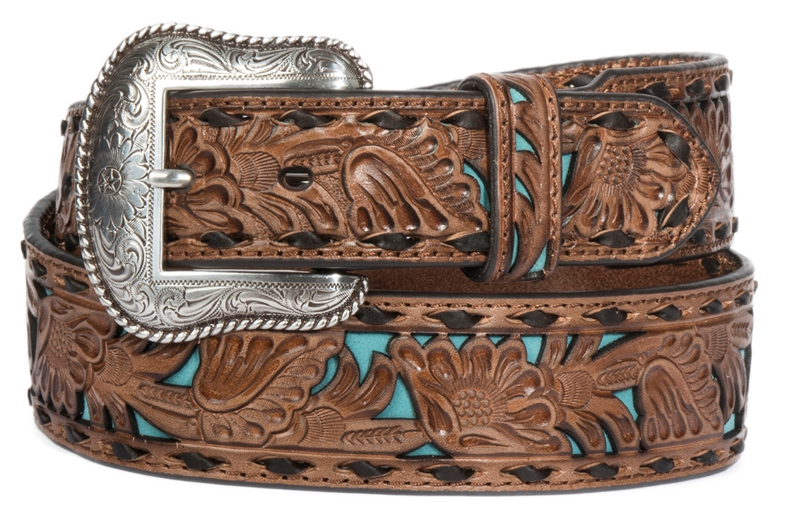Nocona Men's Tan and Turquoise Inlay Floral Western Belt - Image 1