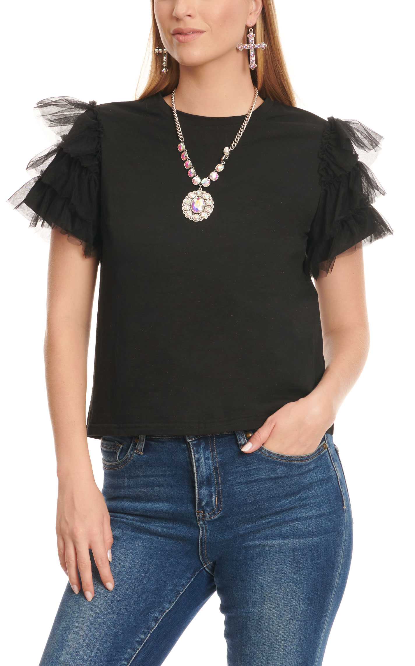 TCEC Women's Black Tiered Toole Short Sleeve Top - Image 1
