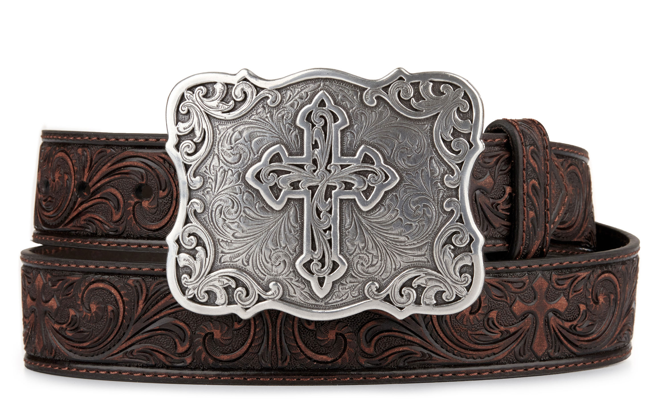 Nocona Women's Brown Tooled Floral and Cross Fashion Western Belt - Image 1
