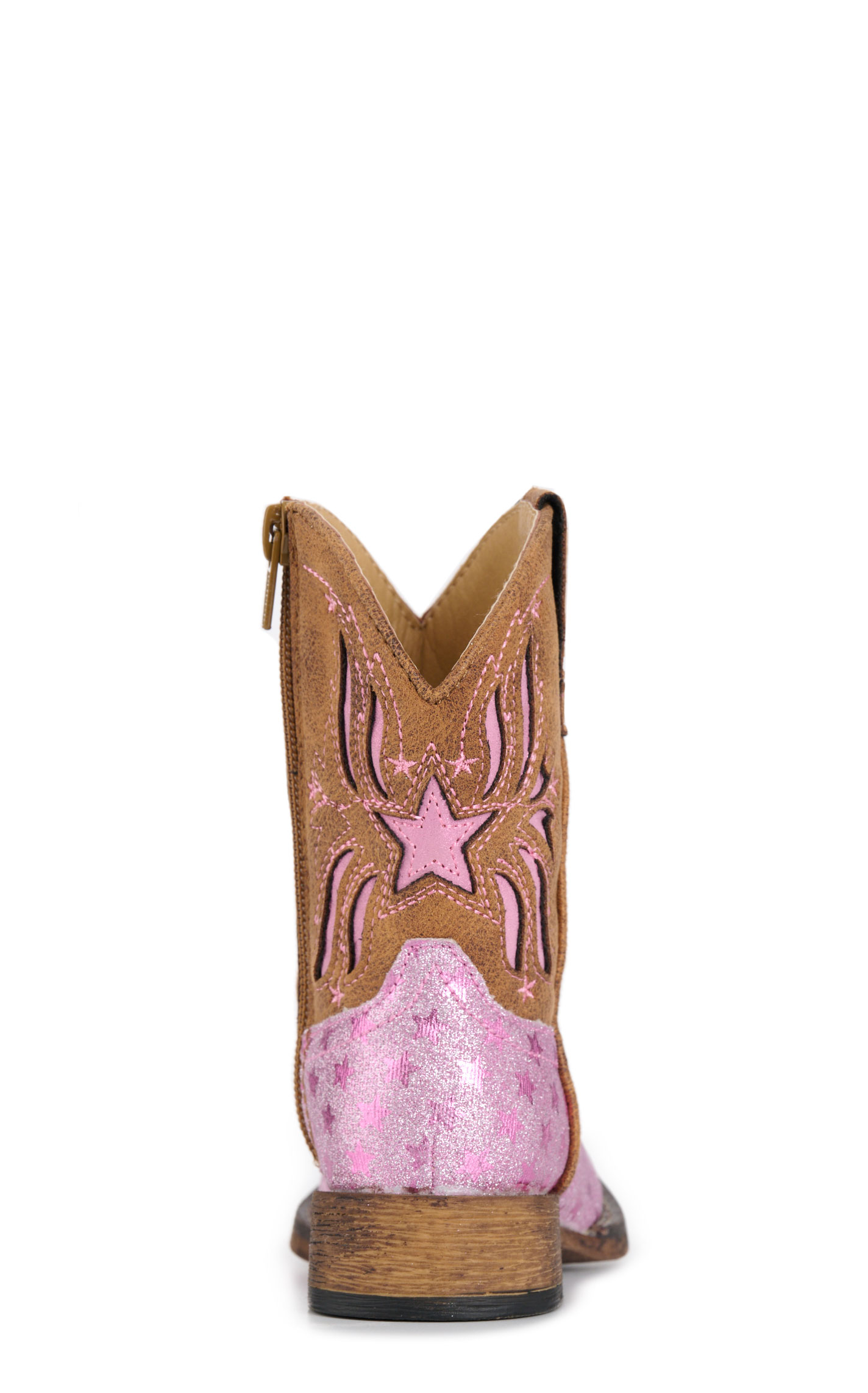 Roper Toddler’s Pink Glitter and Brown Starlet Leather Short Square Toe Cowboy Boots - Image 1