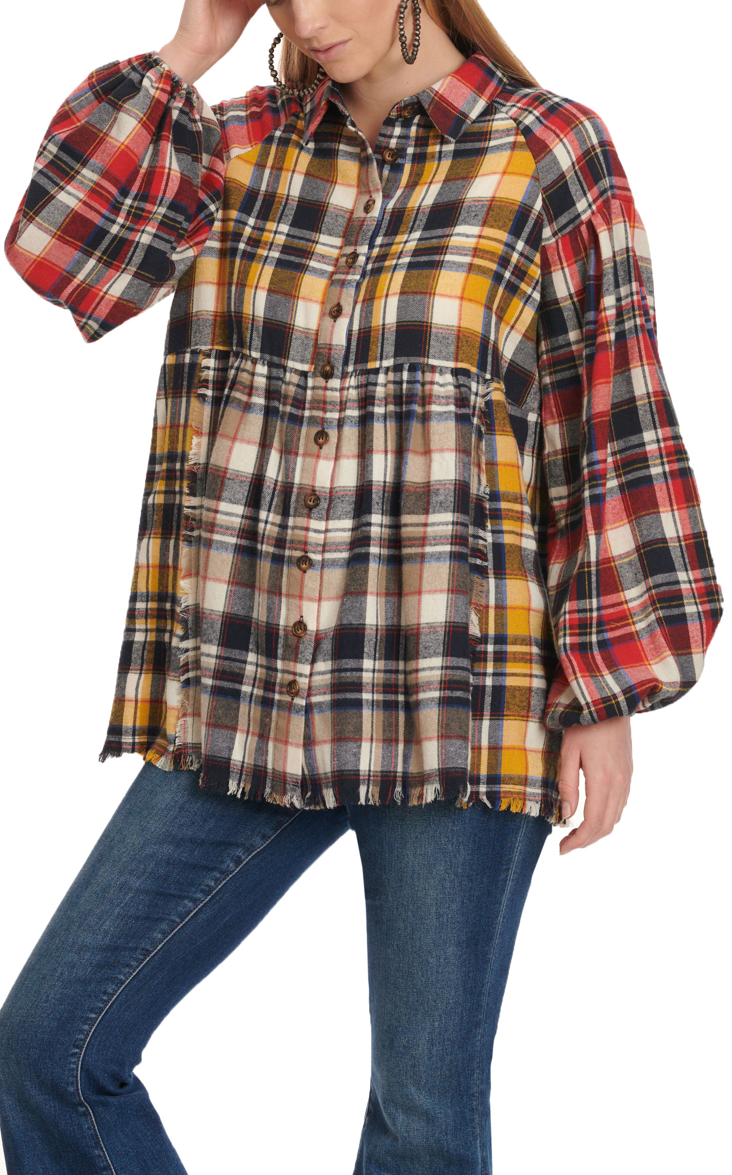 MAZIK Women's Red, Navy & Mustard Plaid Flannel Babydoll Long Puff Sleeve Top - Image 1