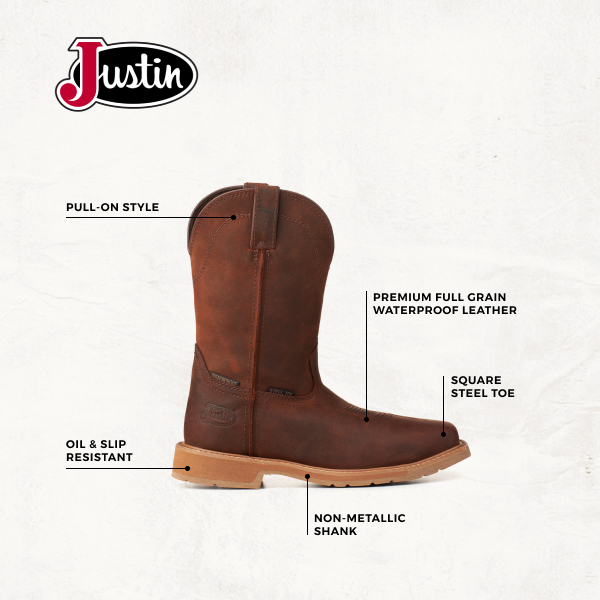Justin Men's Buster II Pecan Brown Waterproof Wide Square Steel Toe Work Boots - Image 1