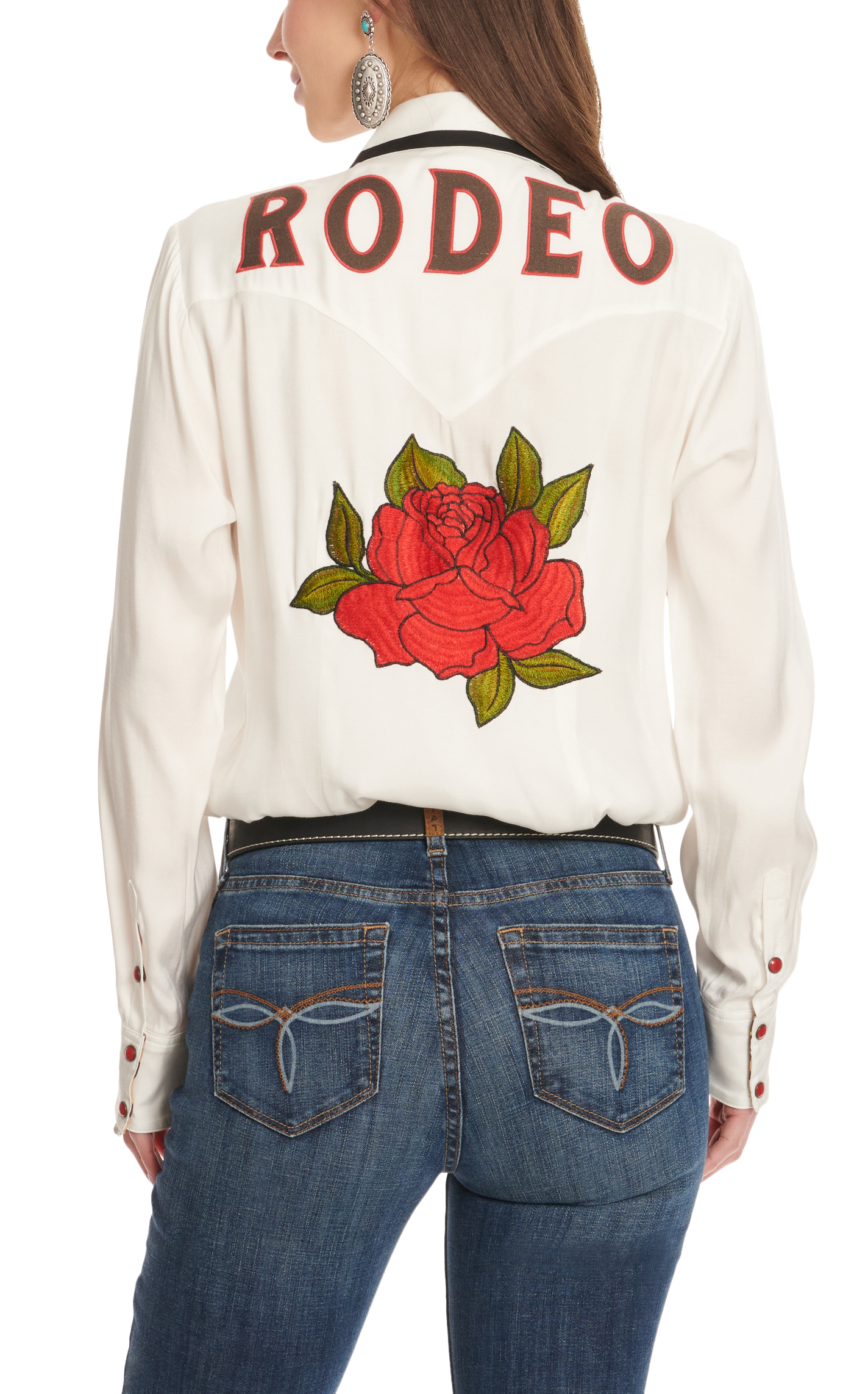 Ariat x Rodeo Quincy Women's White & Red Rose Embroidery Rodeo Long Sleeve Retro Shirt - Image 1