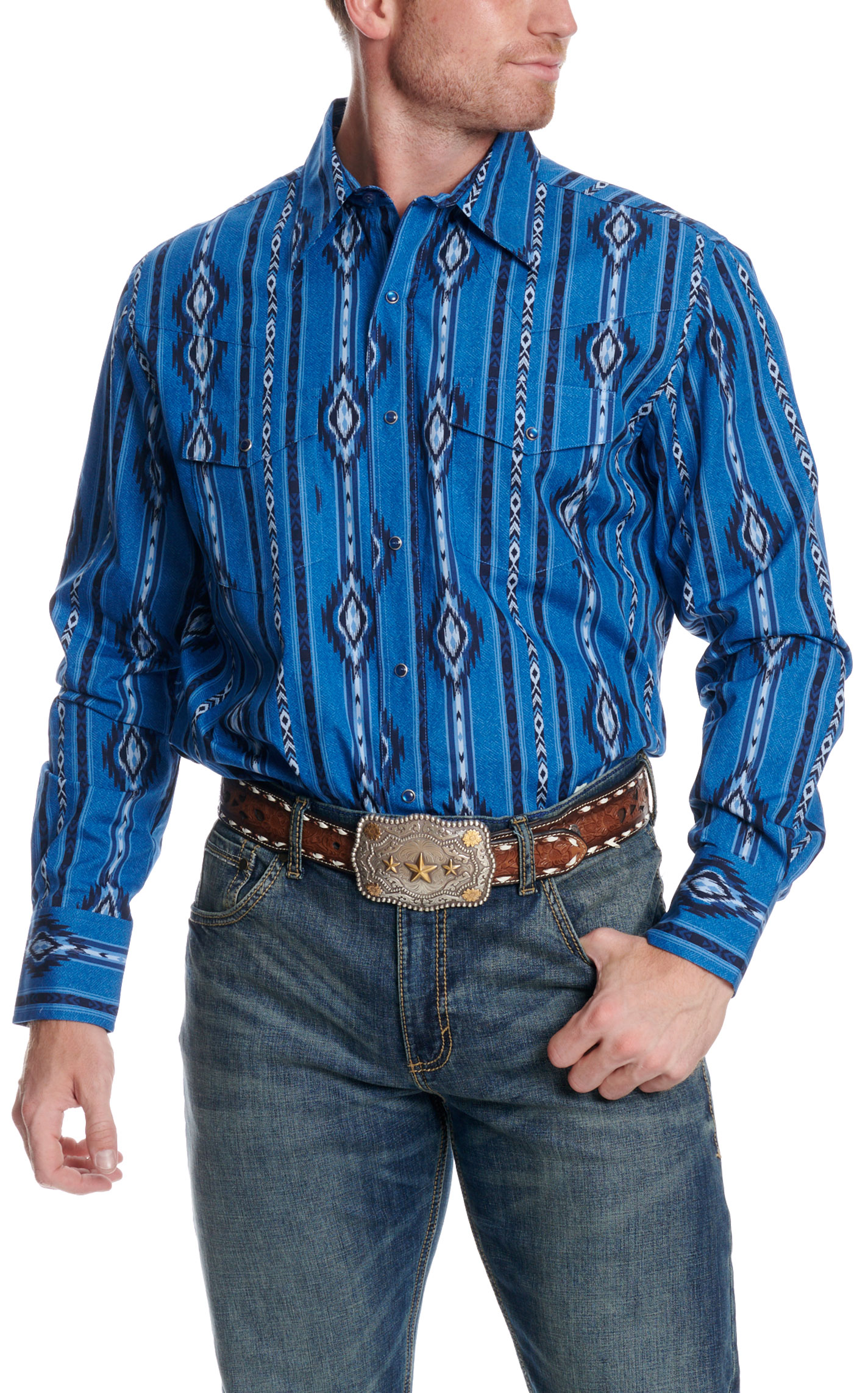 Checotah Men's Denim Blue Aztec Print Western Shirt - Image 1
