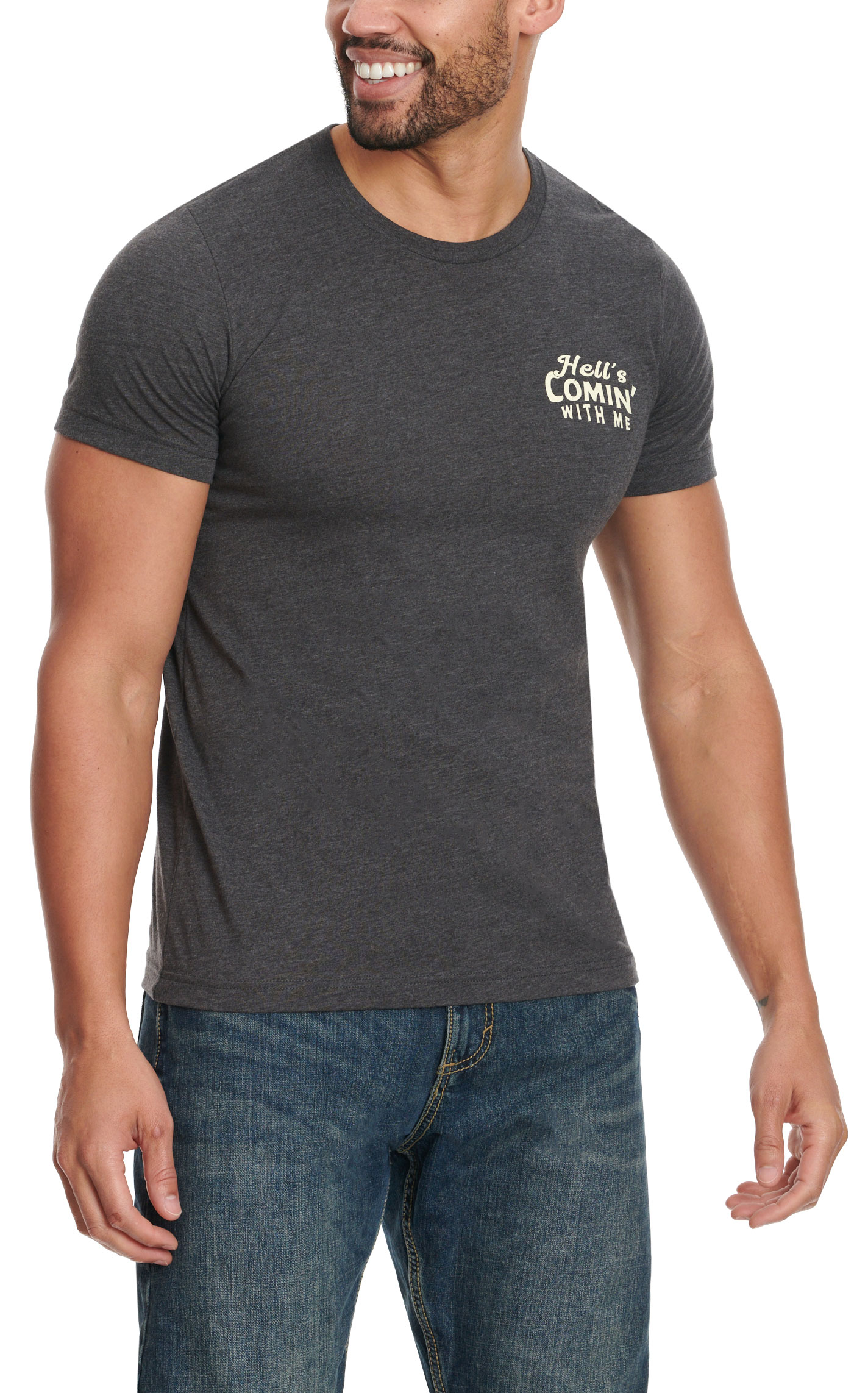 C.C. Creations Men's Soft Dark Gray Hell's Comin' With Me Graphic Short Sleeve T-Shirt - Image 1