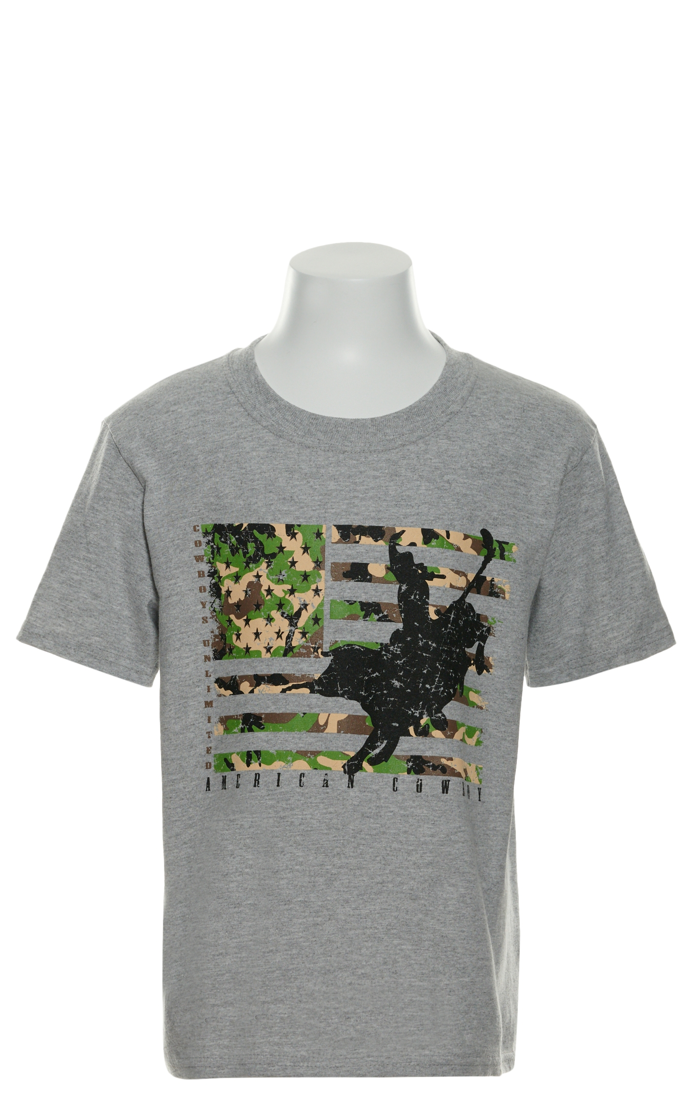 Moss Brothers Cowboys Unlimited Heather Gray Camo Flag Bull Rider Short Sleeve T-Shirt - Image 1
