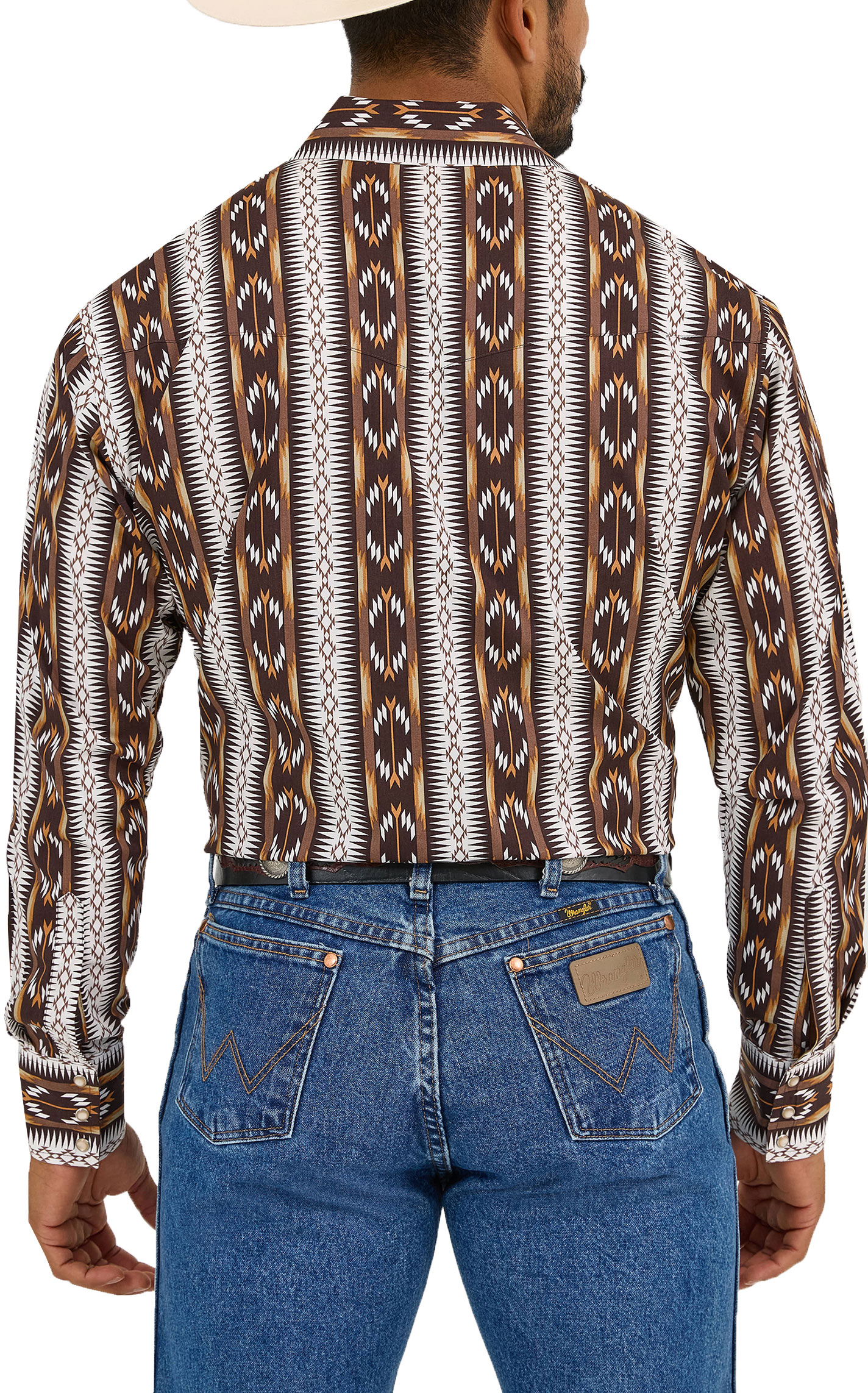 Checotah Men's Brown And White Aztec Stripe Long Sleeve Western Shirt - Image 1