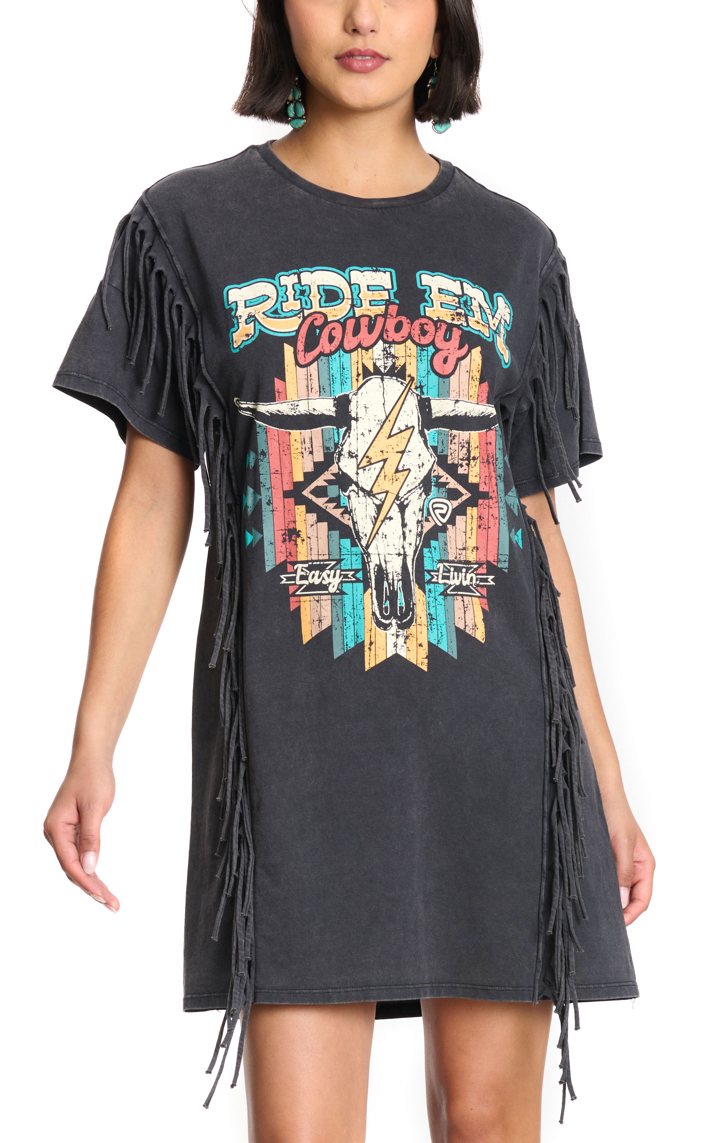 Rock & Roll Denim Black Fringed Ride 'Em Graphic T-Shirt Dress - Image 1