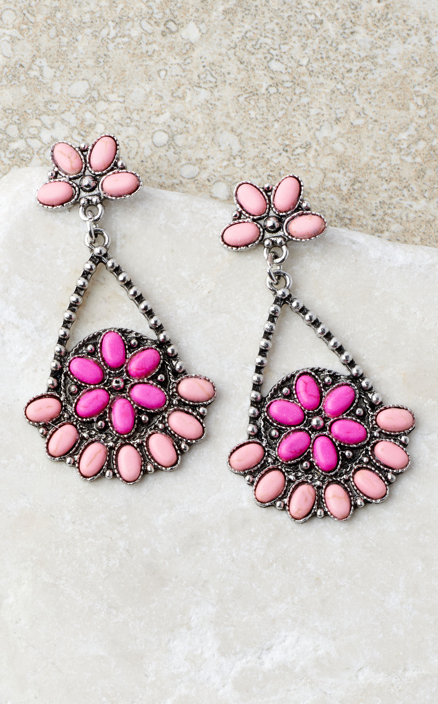 Rockin C Silver & Pink Stone Flowers & Teardrop Earrings - Image 1