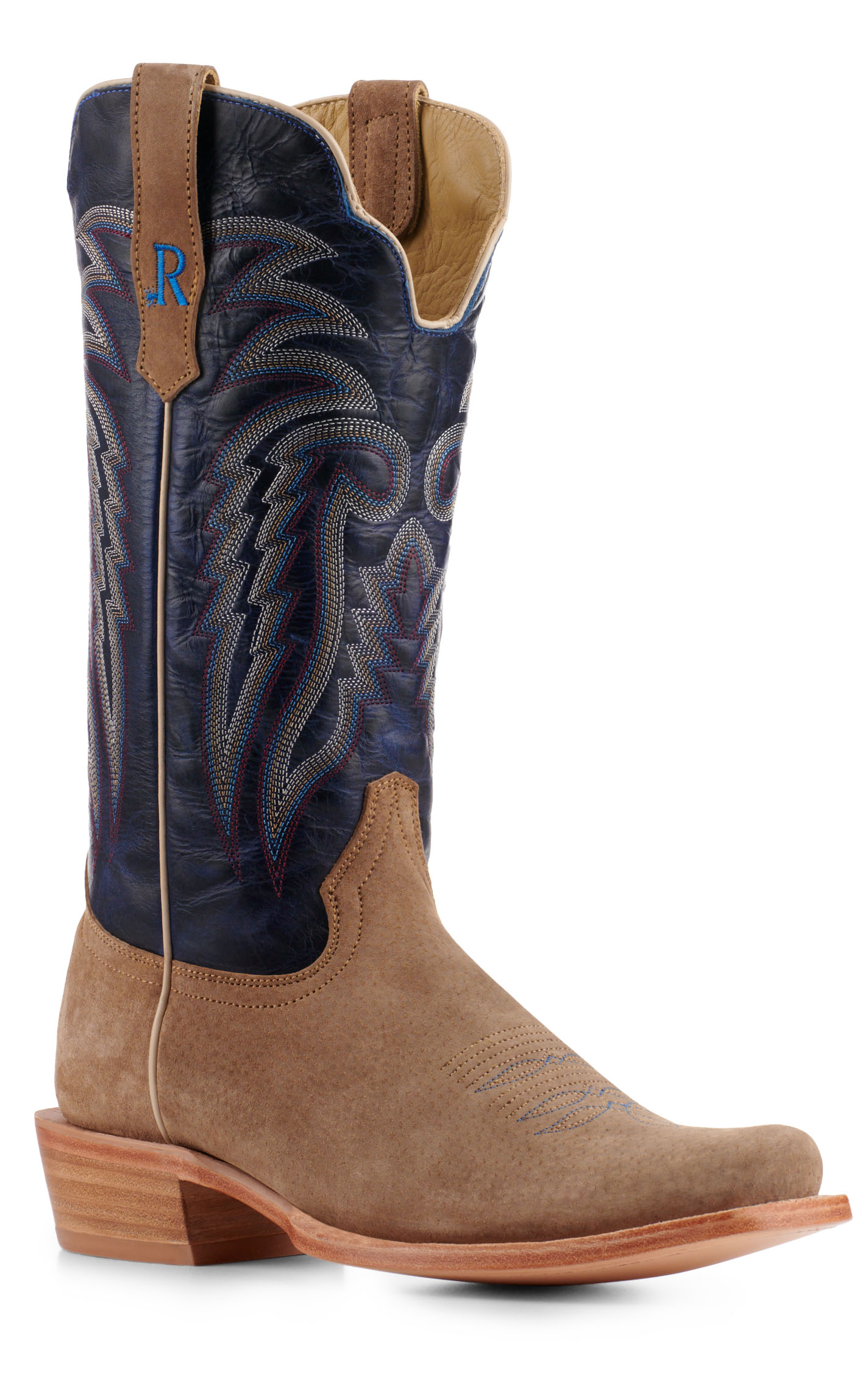 R. Watson Men's Cafe Brown Boar and Blue Punchy Square Toe Cowboy Boots - Image 1