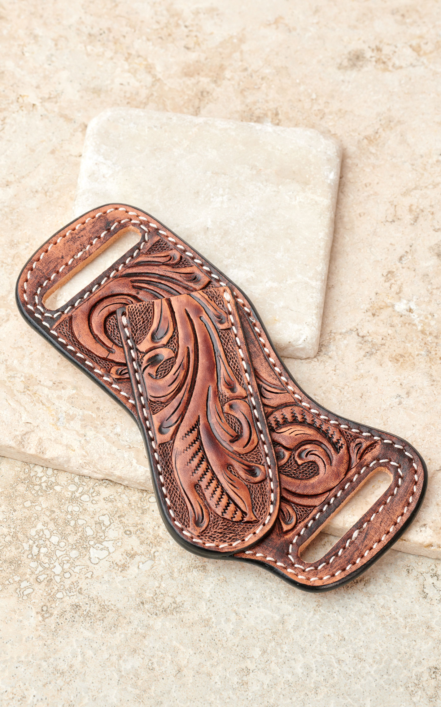 3D Belt Co Brown Floral Tooled Leather Horizontal Pancake Knife Sheath - Image 1