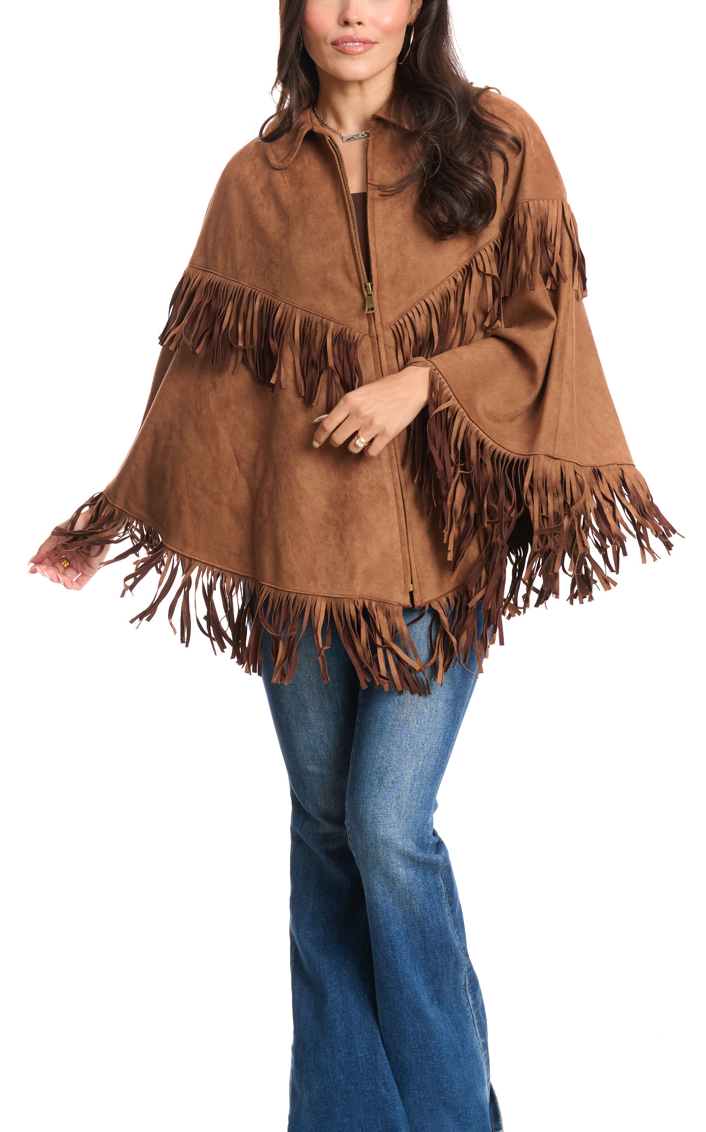 Rockin C Women's Chocolate Fringed Faux Suede Poncho Style Jacket - Image 1