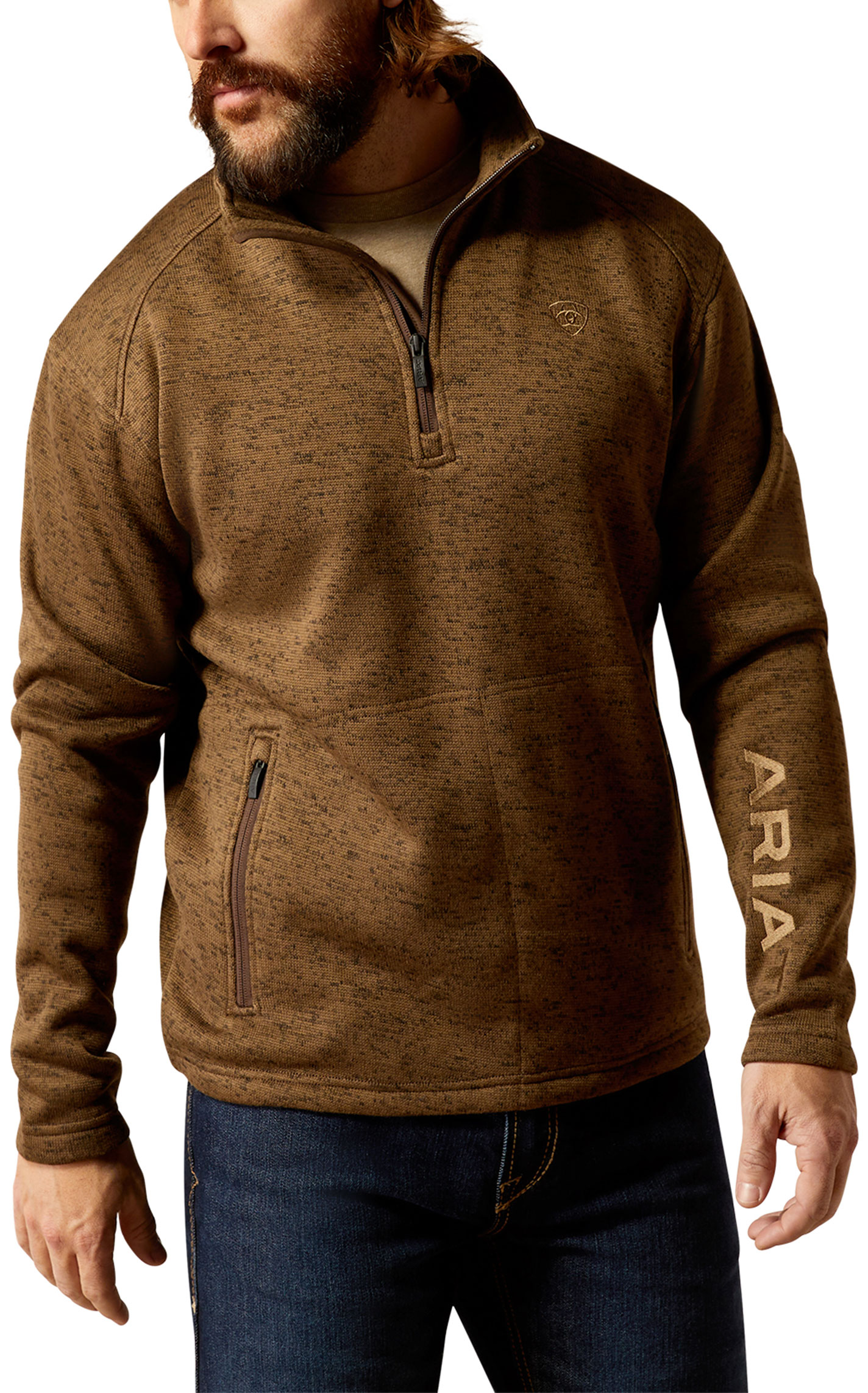 Ariat Men's Caldwell Coffee Brindle Logo Embroidered Sweater Pullover - Image 1
