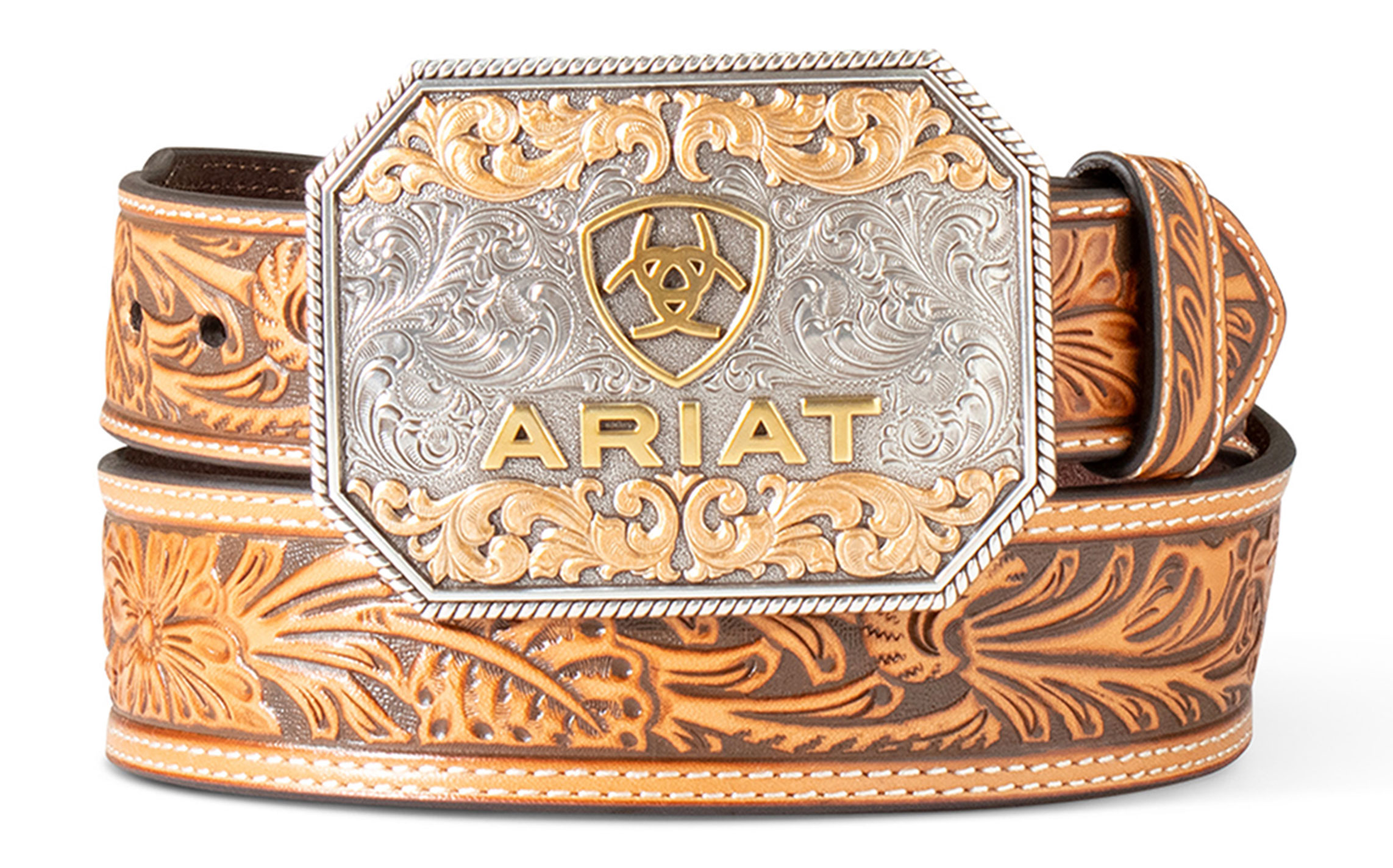 Ariat Men's 3 Metal Etched Buckle & Brown Genuine Leather Tooled Belt - Image 1