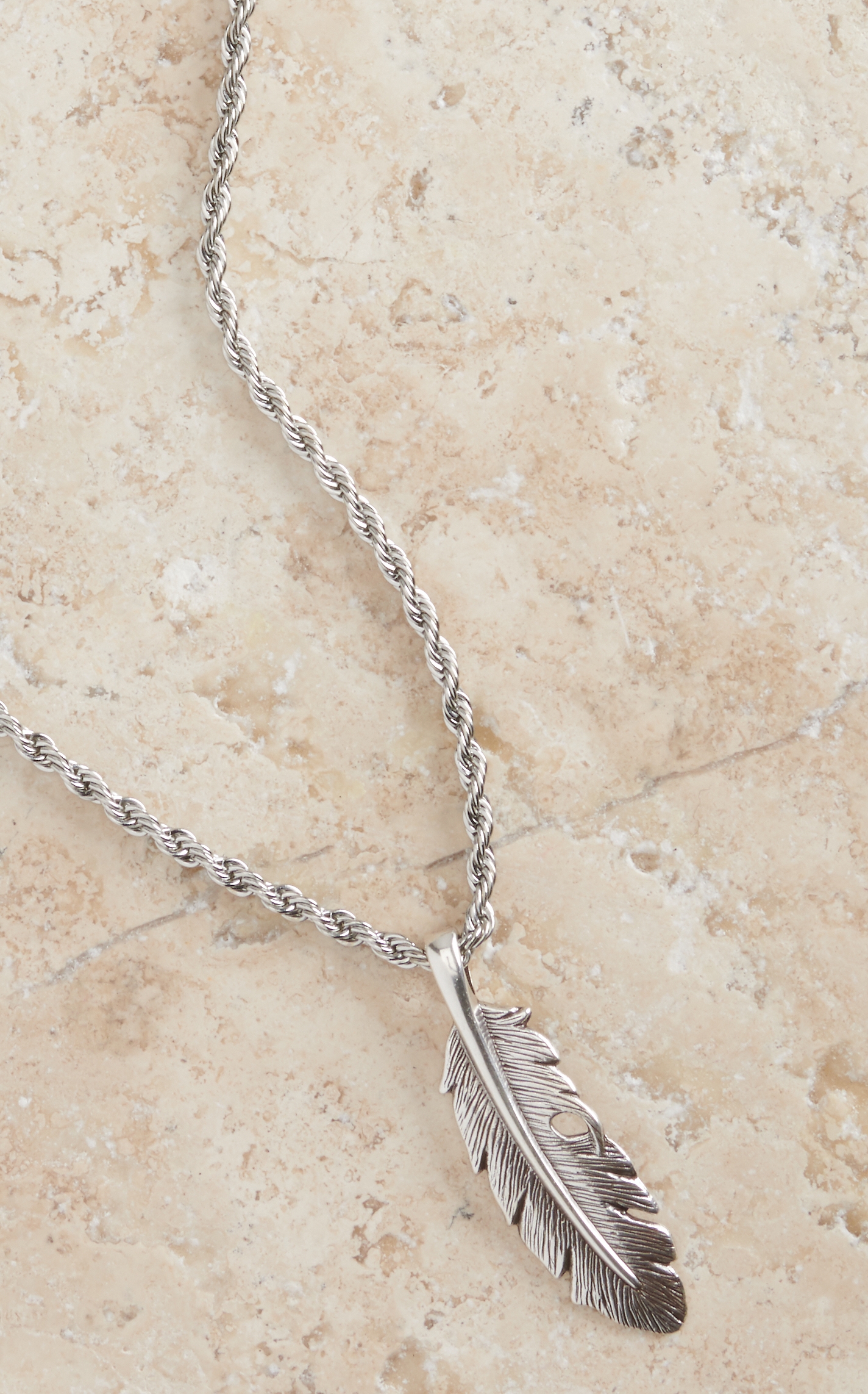 Twister Men's Silver Feather with Rope Chain Necklace - Image 1