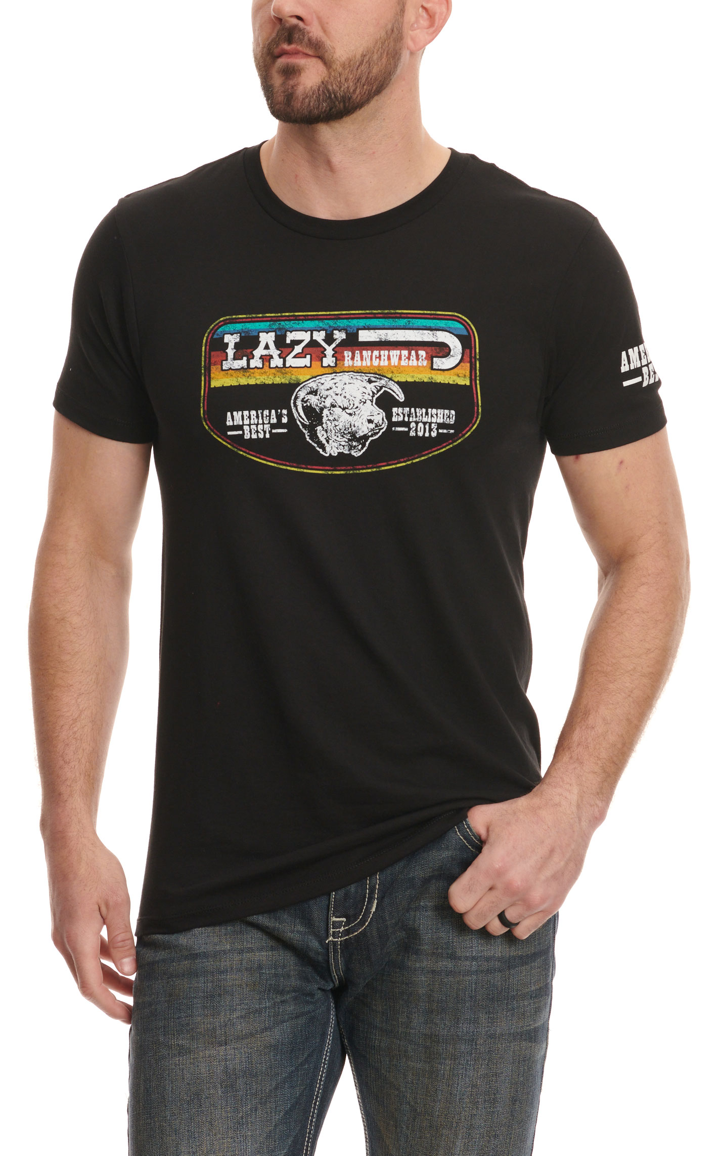 Lazy J Men's Black Colorful Serape America's Best Logo Graphic Short Sleeve T-Shirt - Image 1