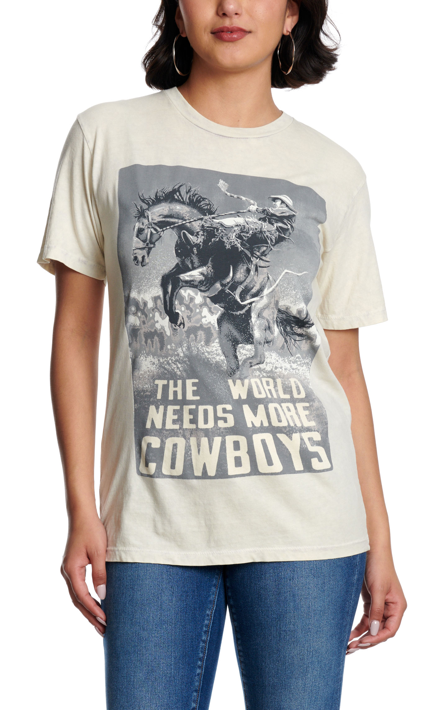 Lotus Fashion Women's Off White World Needs More Cowboys Graphic T-Shirt - Image 1