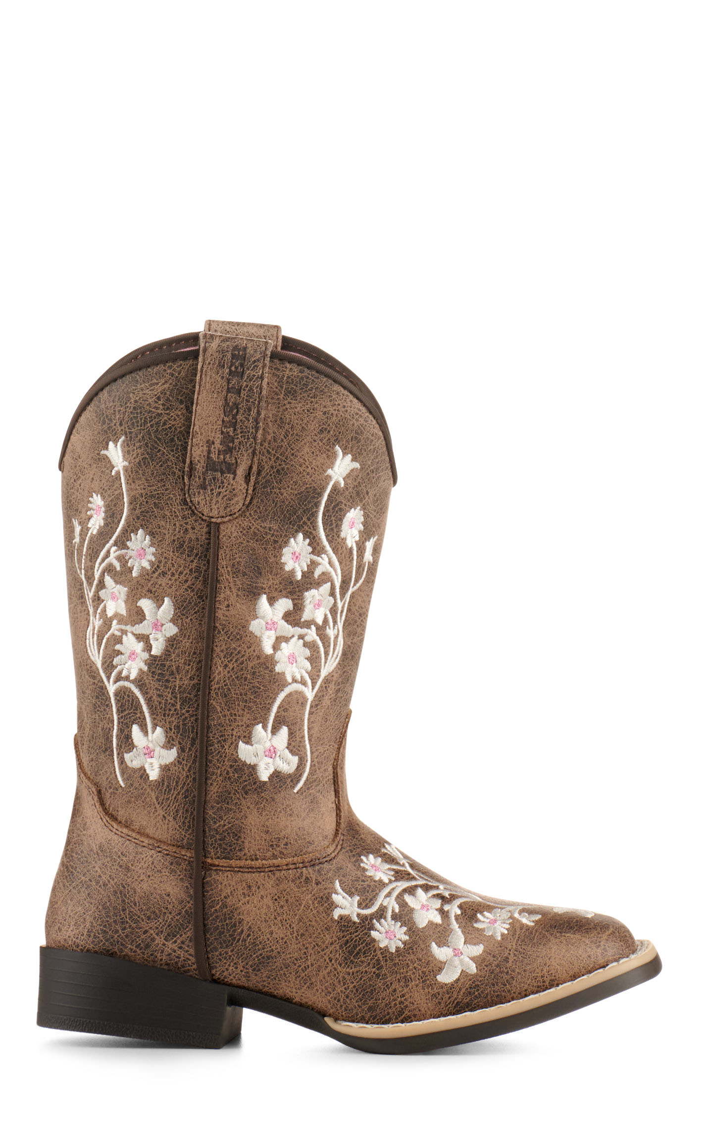 Twister Girls' Lily Brown with White Floral Embroidery Square Toe Cowboy Boots - Image 1