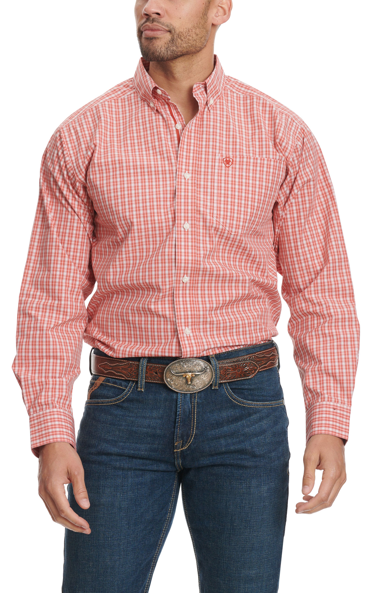 Ariat Pro Series Men's Roscoe Tangerine Mini Plaid Western Shirt - Image 1