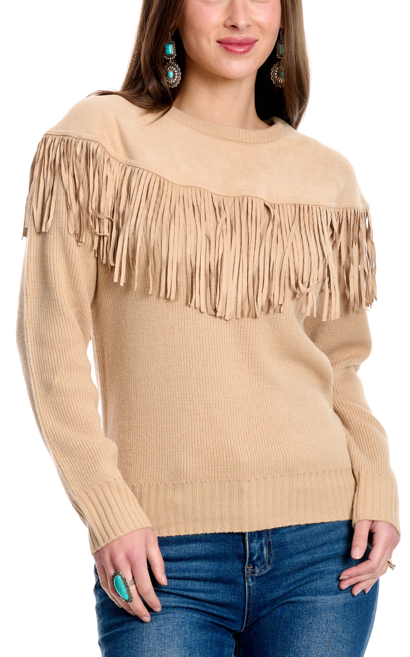 Rockin C Women's Creamy Latte Fringed Sweater - Image 1