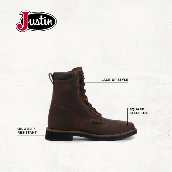 Justin Men's Stampede Pulley Rugged Brown Square Steel Toe Lace Up Work Boot - Image 1
