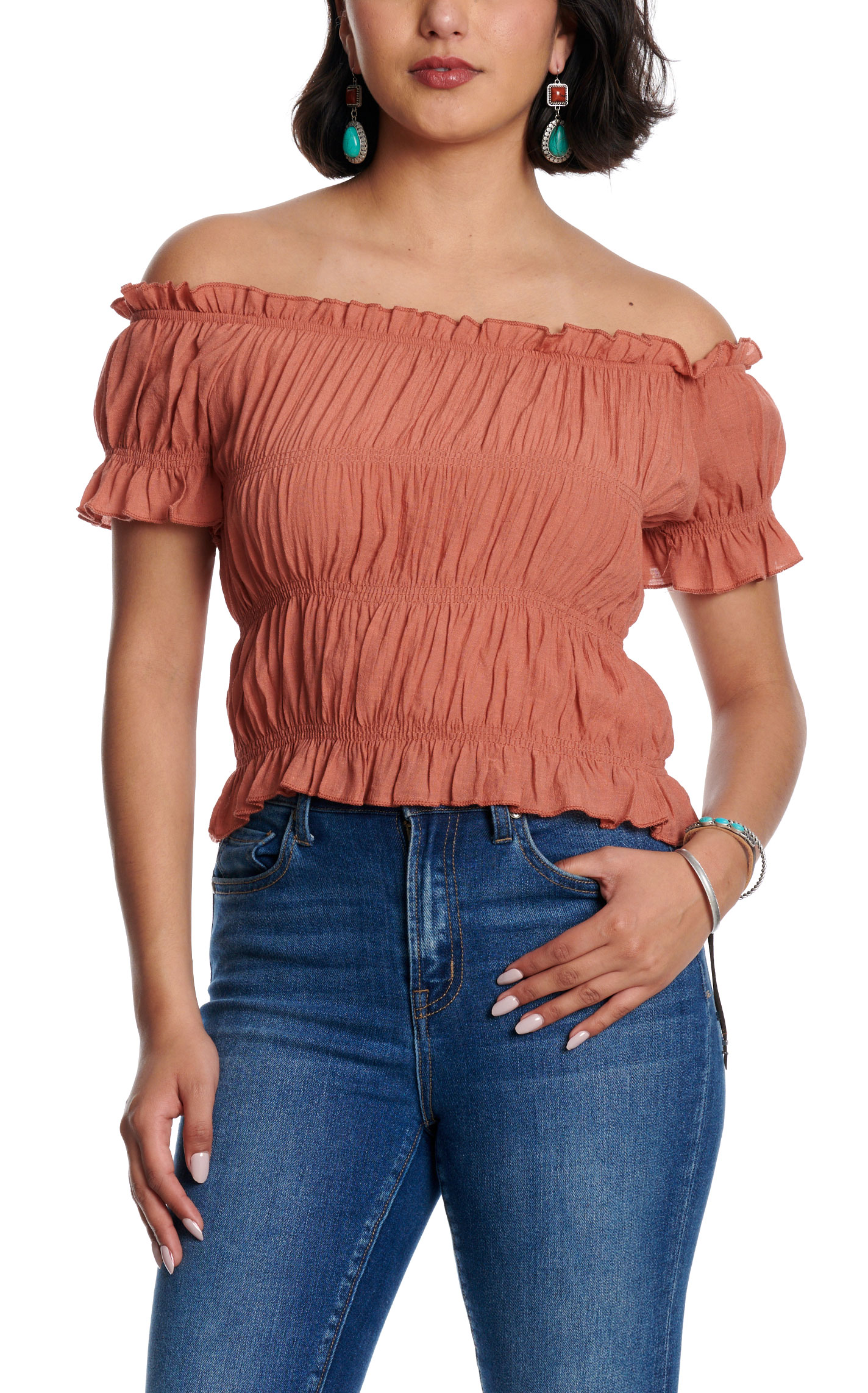 Fashion Express Women's Rust Off Shoulder Smocked Crop Top - Image 1