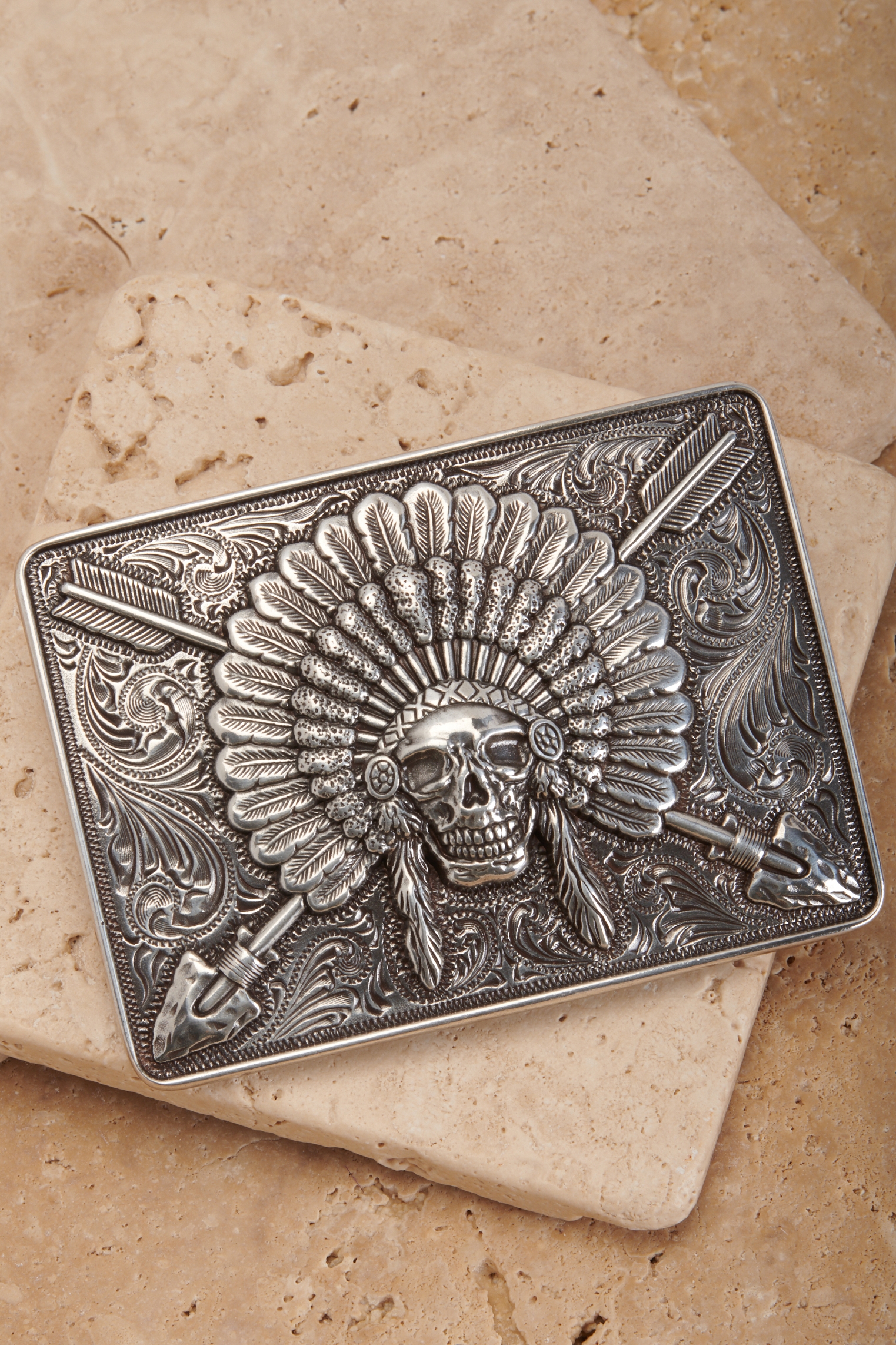 Ariat Silver Chief Skull Rectangle Belt Buckle - Image 1