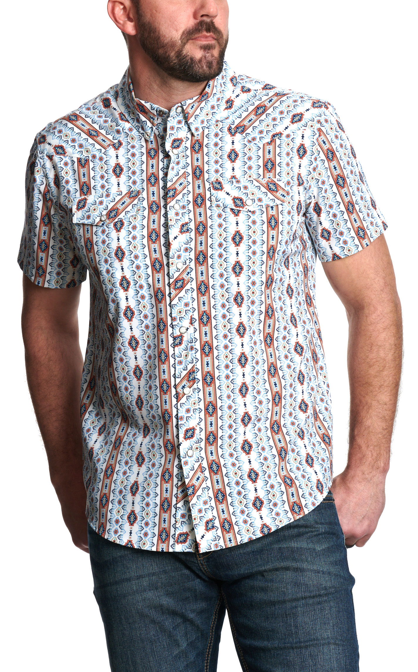Panhandle Men's Performance Terracotta & Sky Aztec Print Western Shirt - Image 1