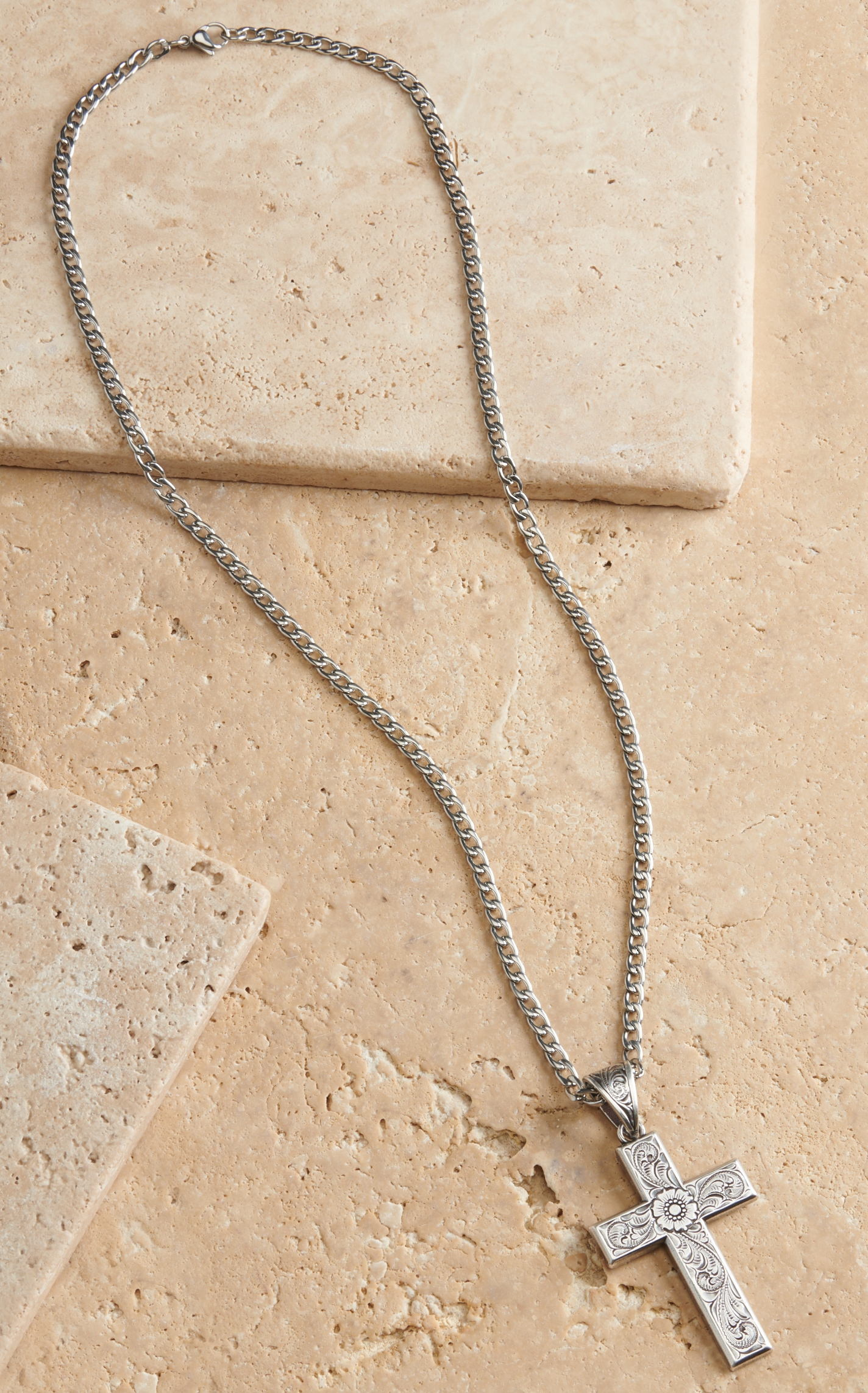 Twister Men's Silver with Floral Scroll Cross Necklace - Image 1