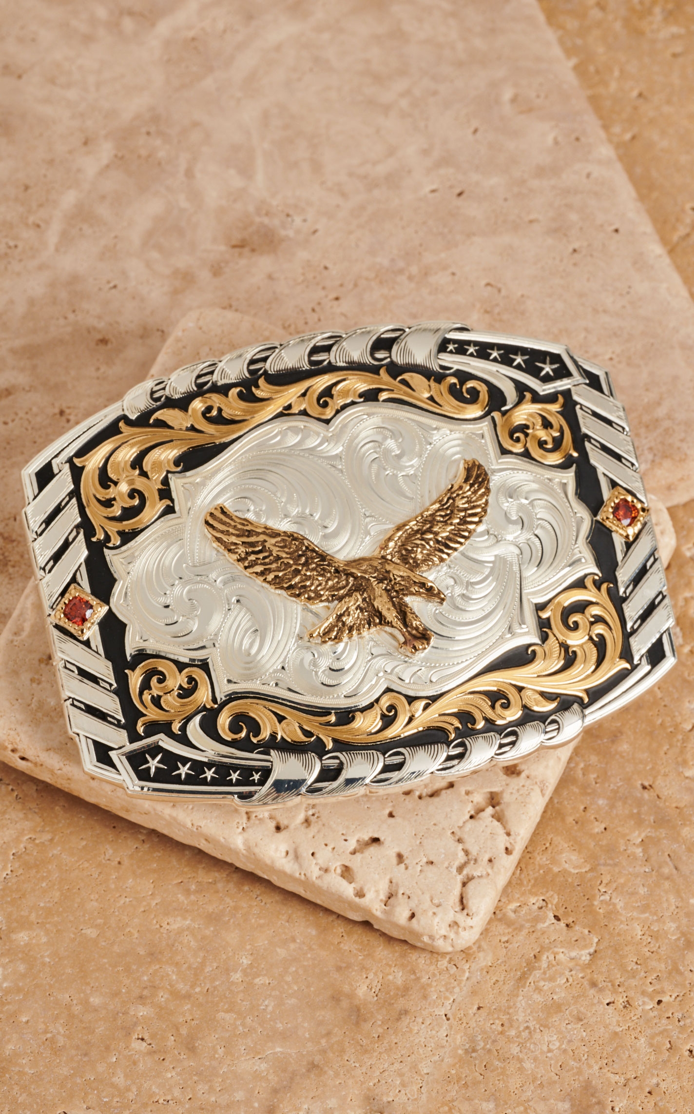 Montana Silversmiths Two Tone Cantle Roll with Soaring Eagle Belt Buckle - Image 1