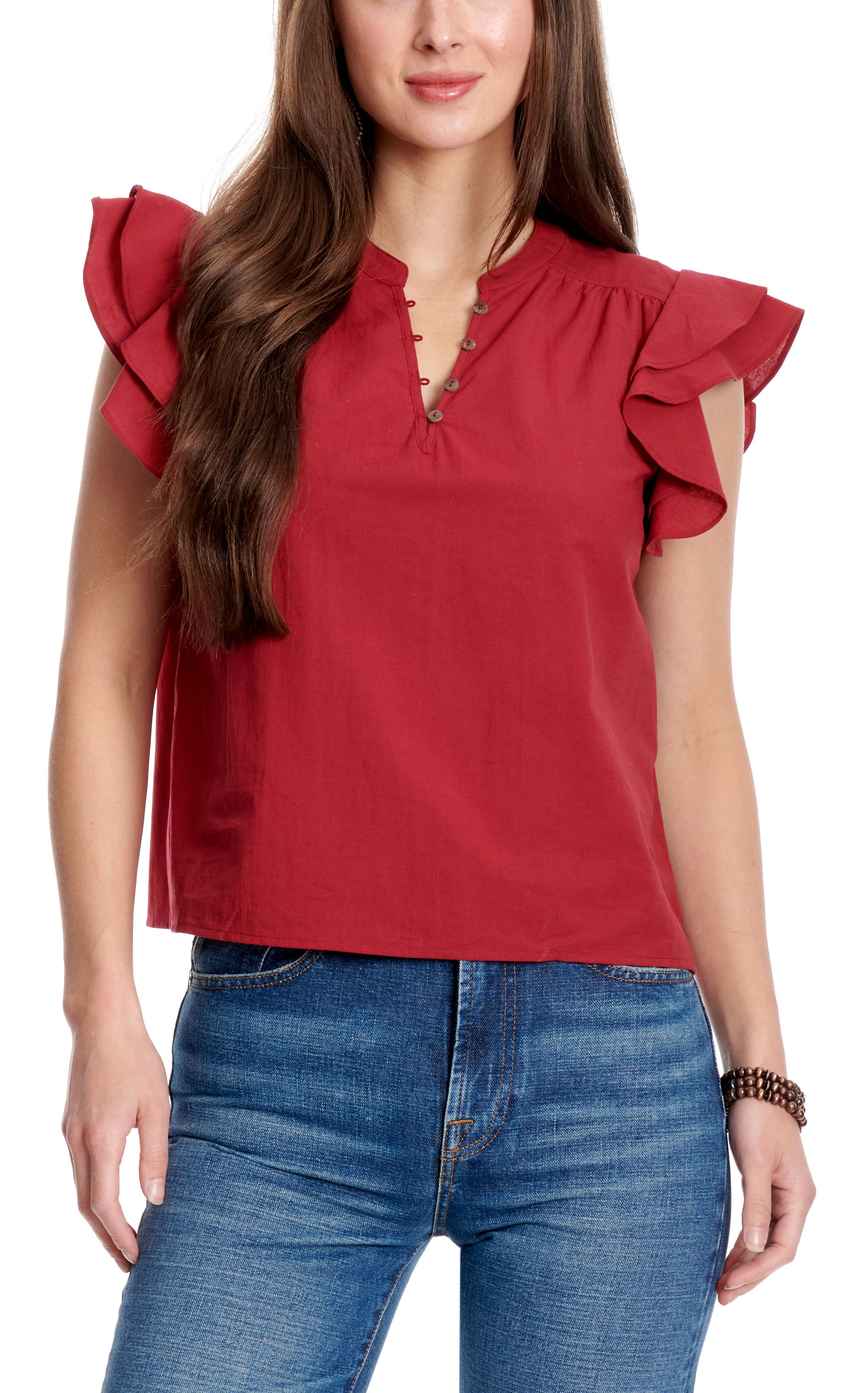 Newbury Kustom Women's Burgundy Button V-Neck Top - Image 1
