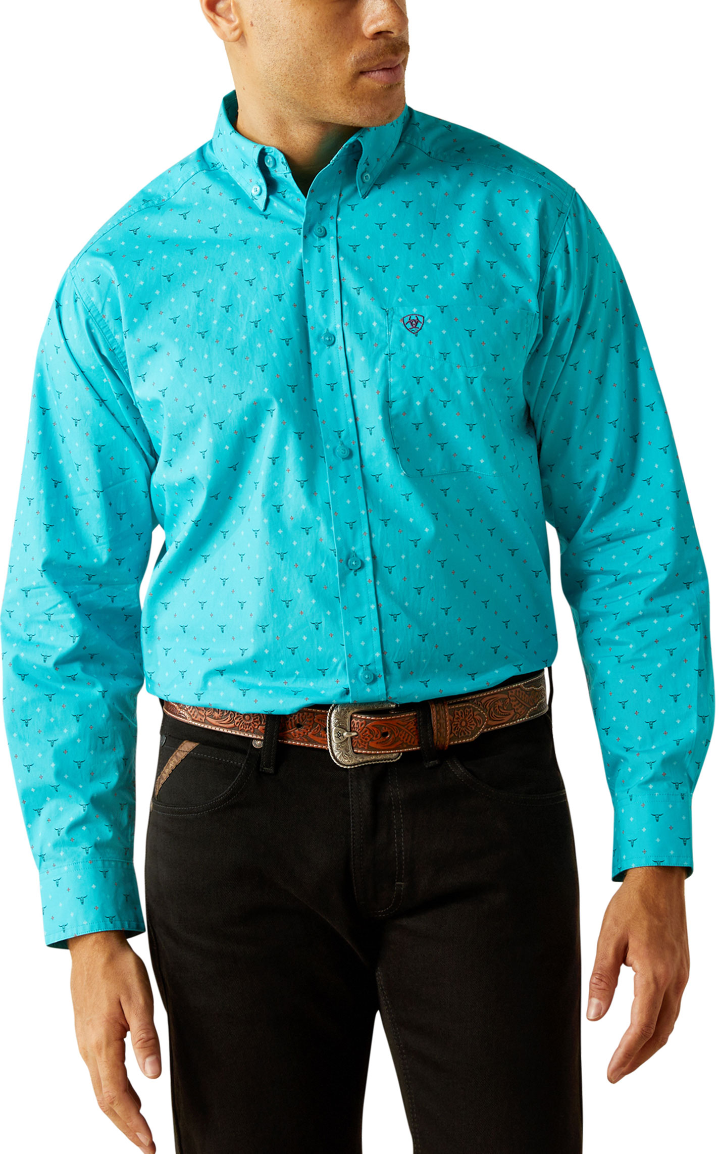 Ariat Men's Willke Turquoise Steer Skull Print Western Shirt - Image 1